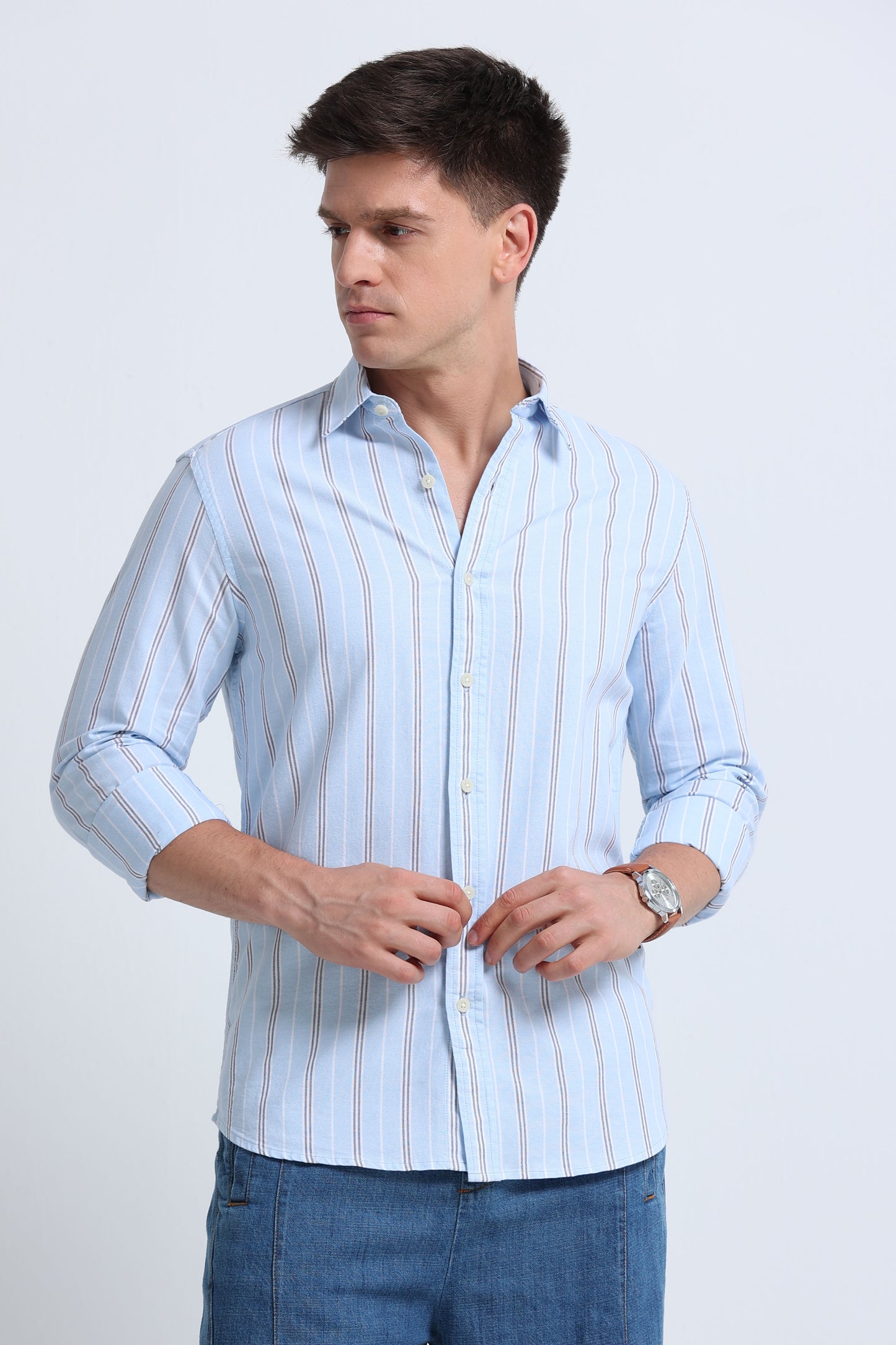 Classic Striped Oxford Cotton Shirt Sky Blue White