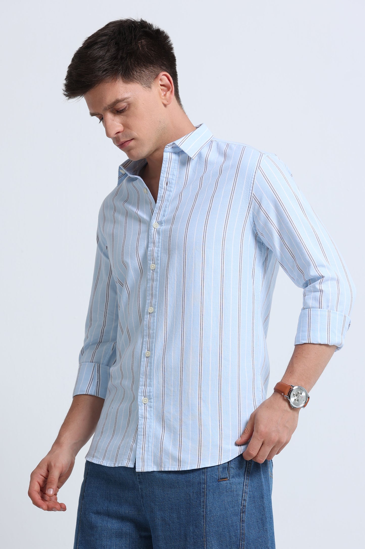 Classic Striped Oxford Cotton Shirt Sky Blue White