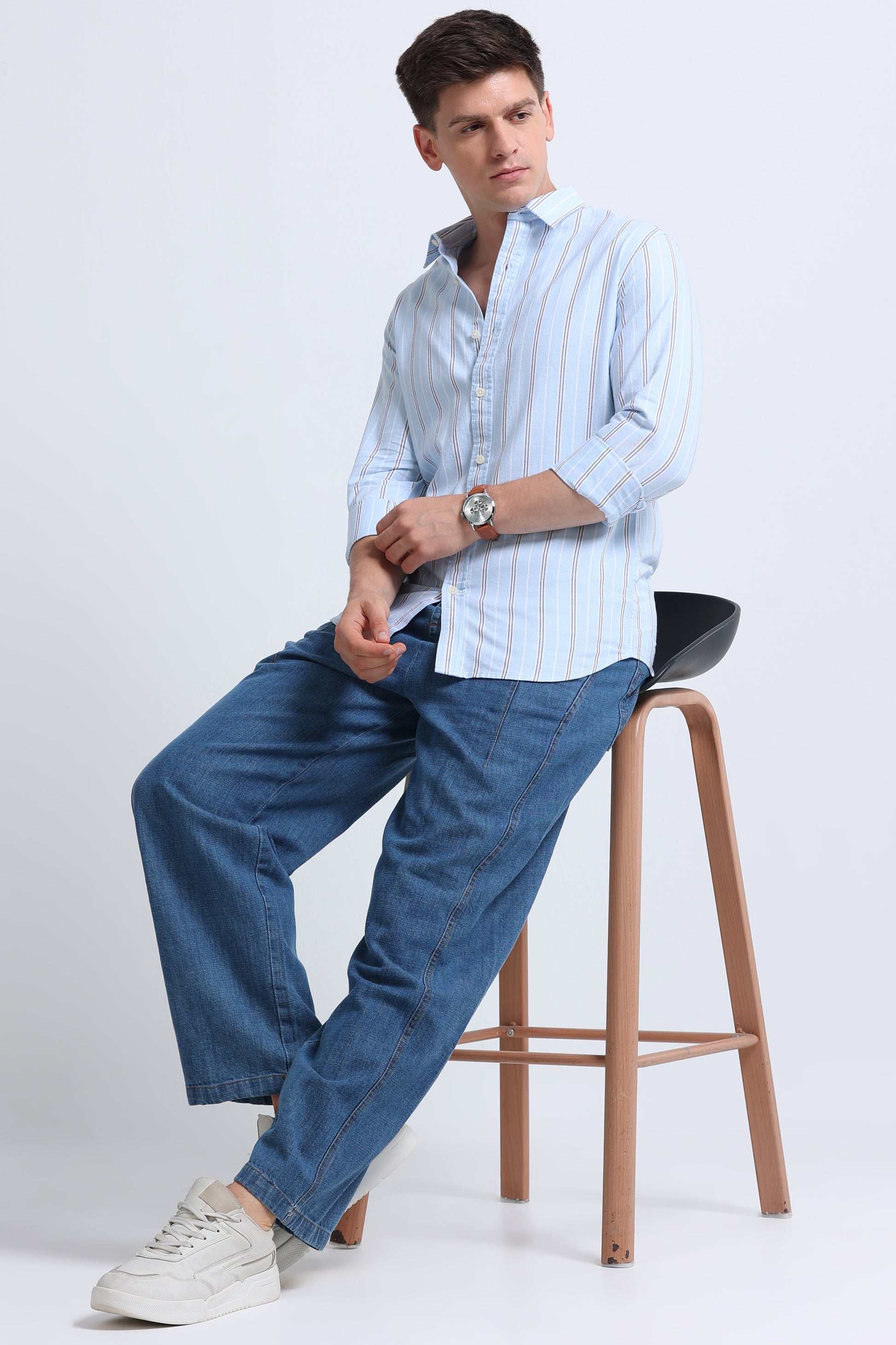 Classic Striped Oxford Cotton Shirt Sky Blue White