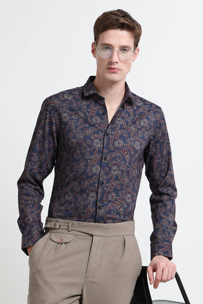 Contemporary Printed Cotton Blend Shirt Royal Blue