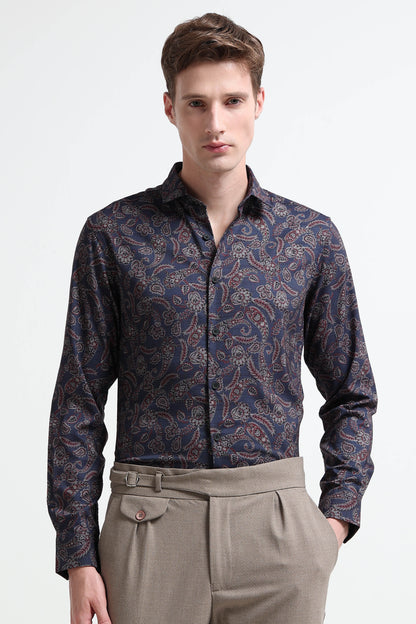 Contemporary Printed Cotton Blend Shirt Royal Blue