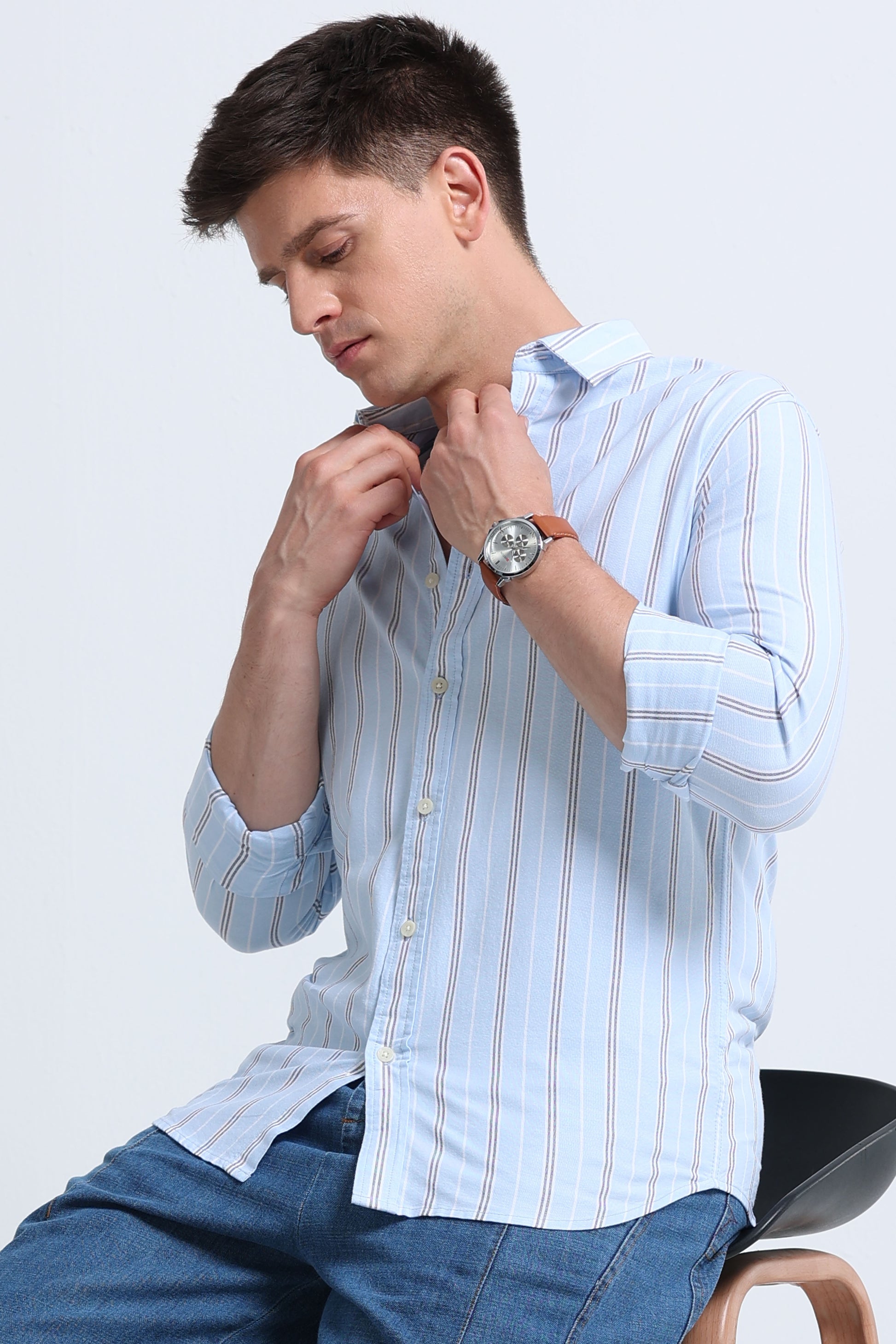 Classic Striped Oxford Cotton Shirt Sky Blue White