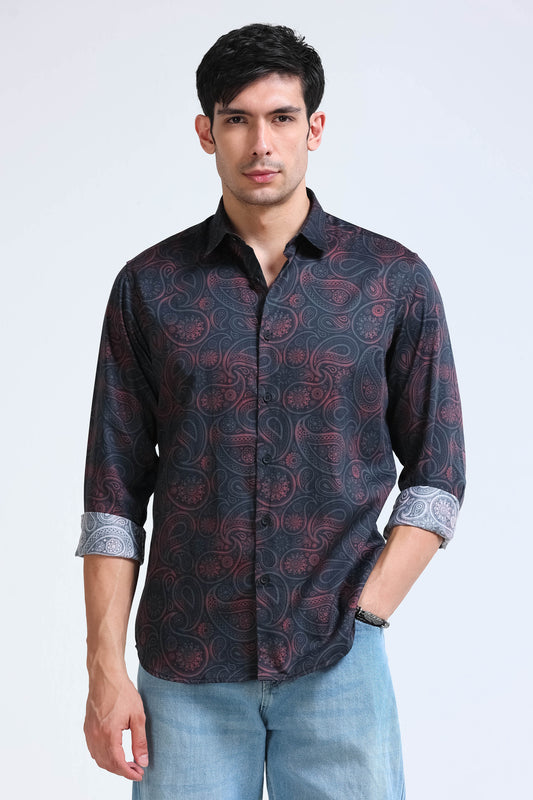 Brown Printed Shirt - Slim Fit Party Wear