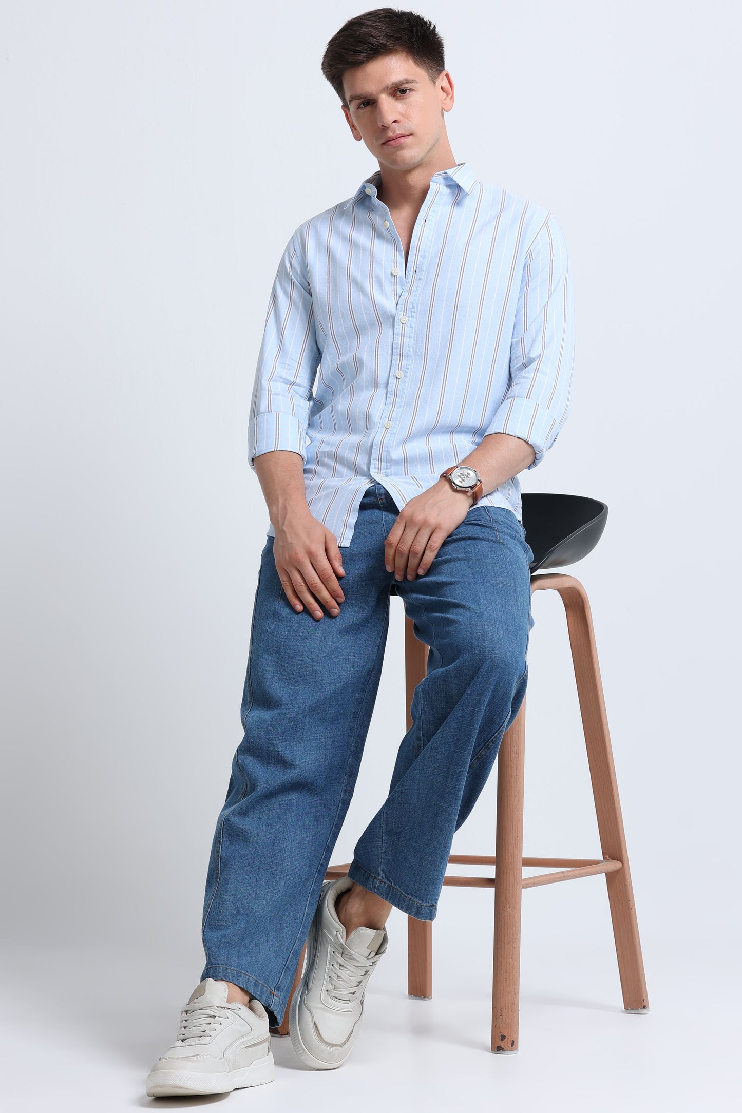 Classic Striped Oxford Cotton Shirt Sky Blue White