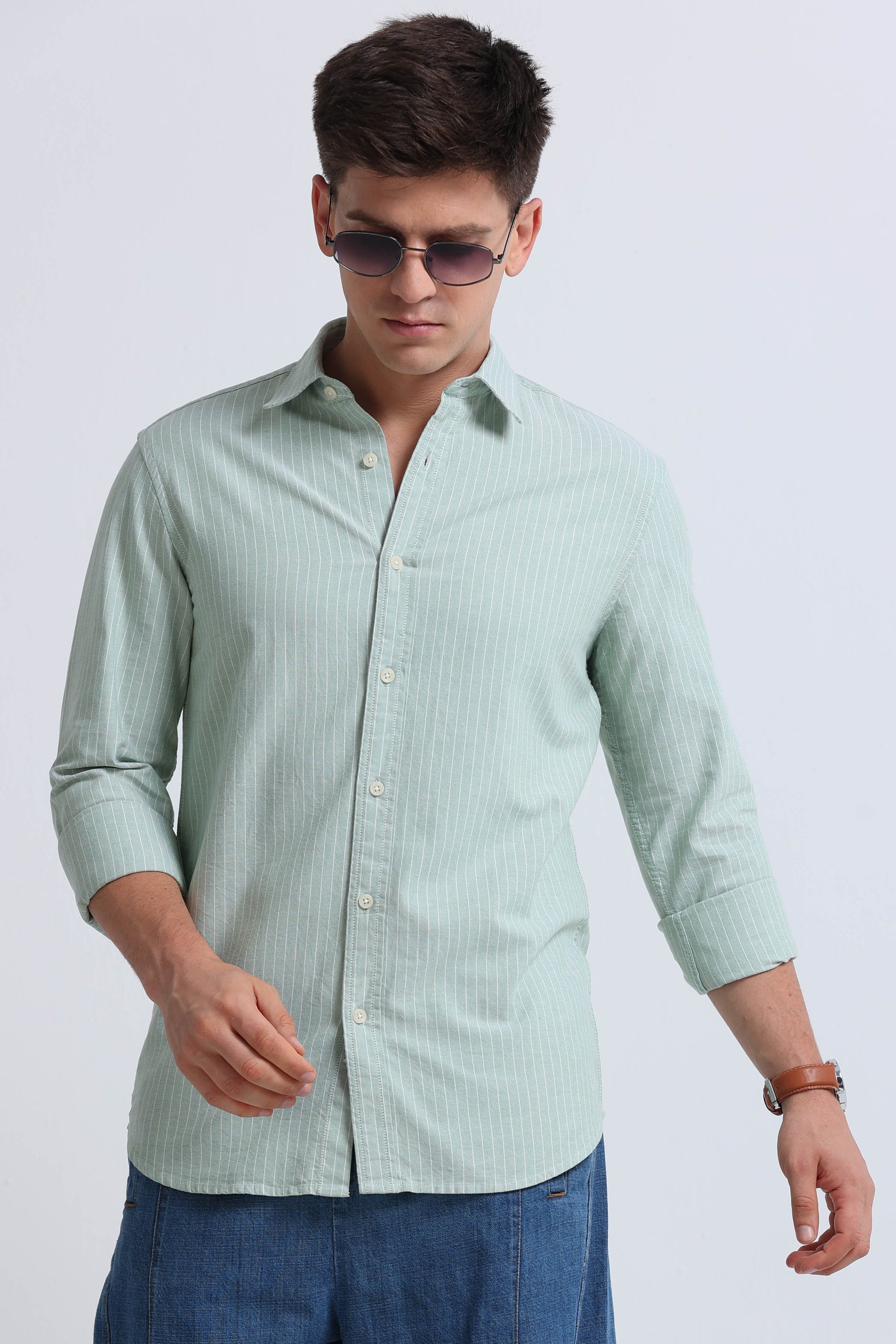 Slim Striped Cotton Oxford Shirt Pista Green