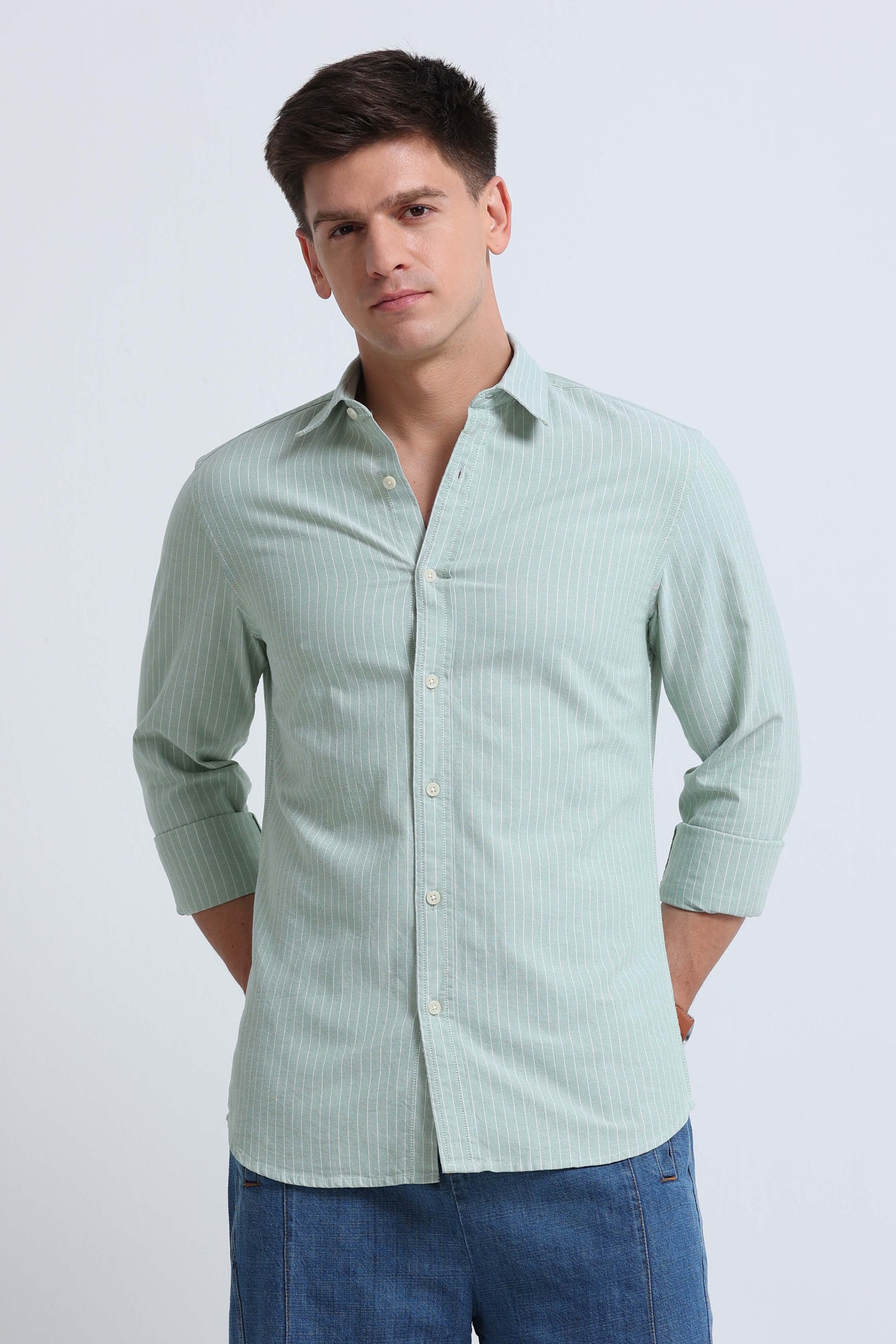 Slim Striped Cotton Oxford Shirt Pista Green