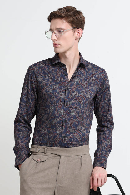 Contemporary Printed Cotton Blend Shirt Royal Blue