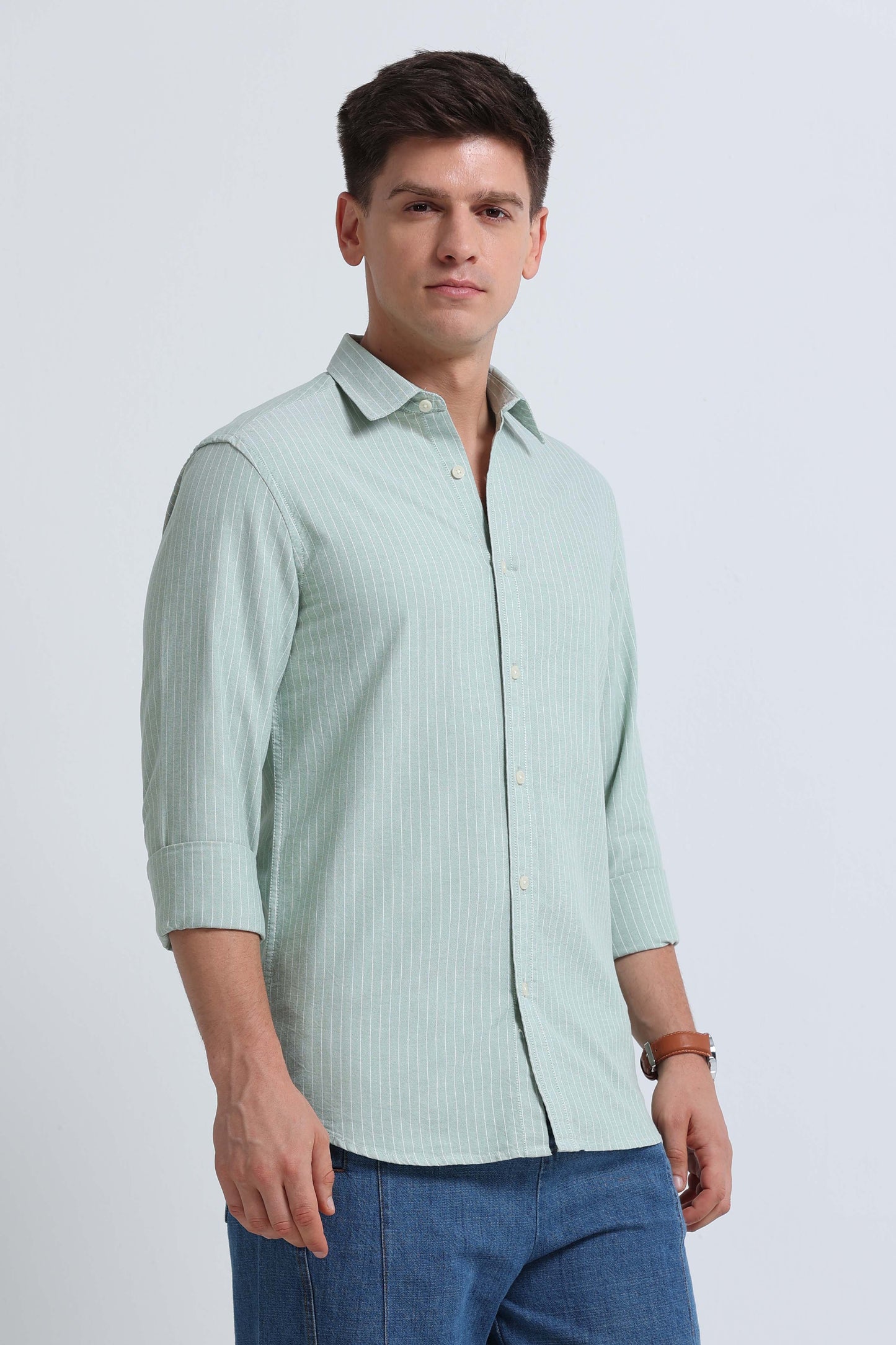 Slim Striped Cotton Oxford Shirt Pista Green