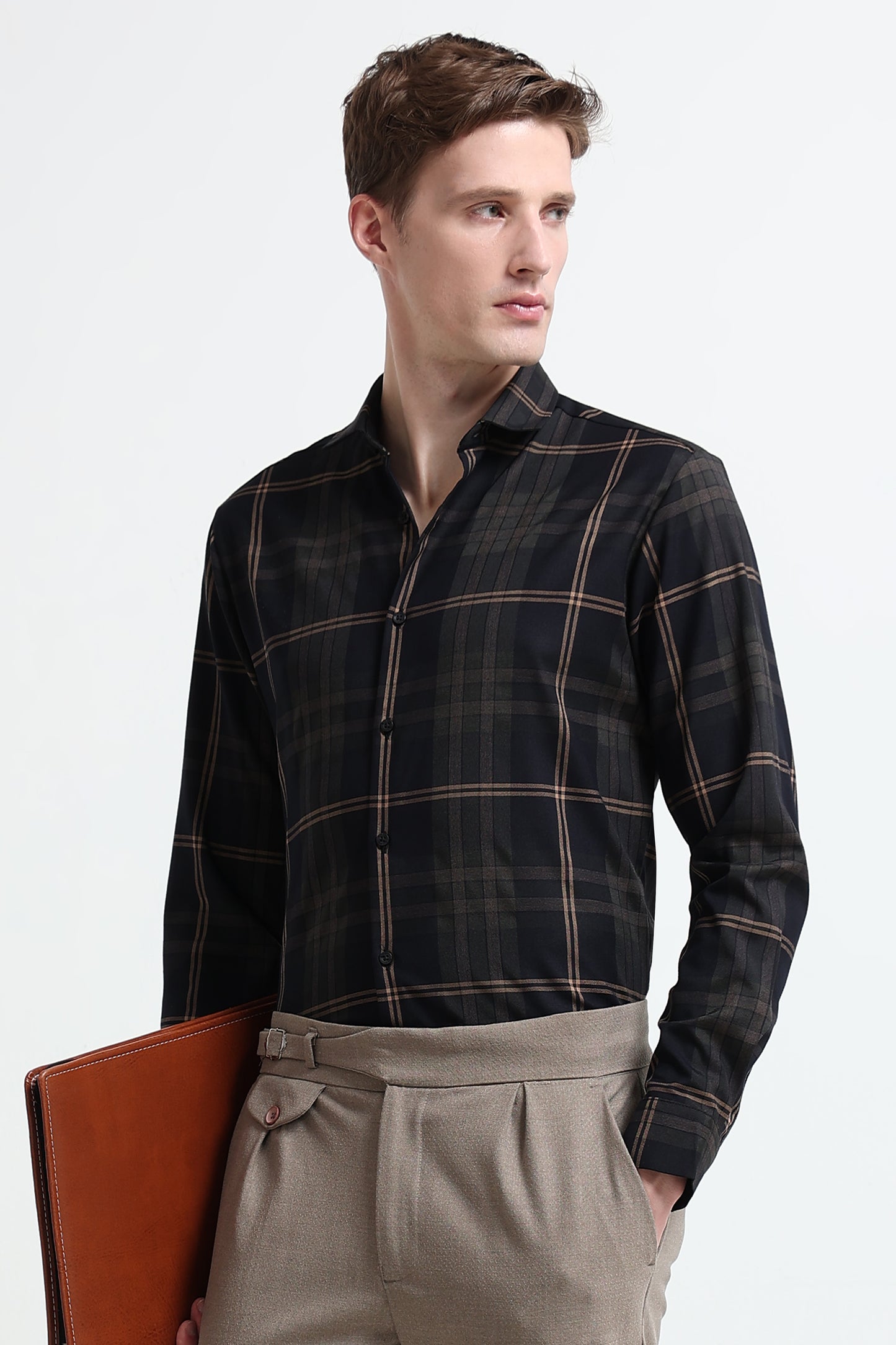 Classic Checked Slim Fit Shirt Beige Black