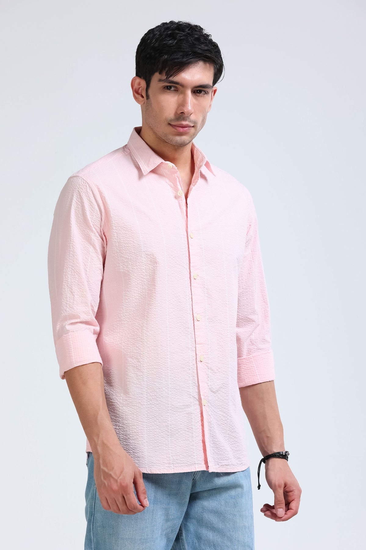 Men's Seersucker Striped Shirt Pink
