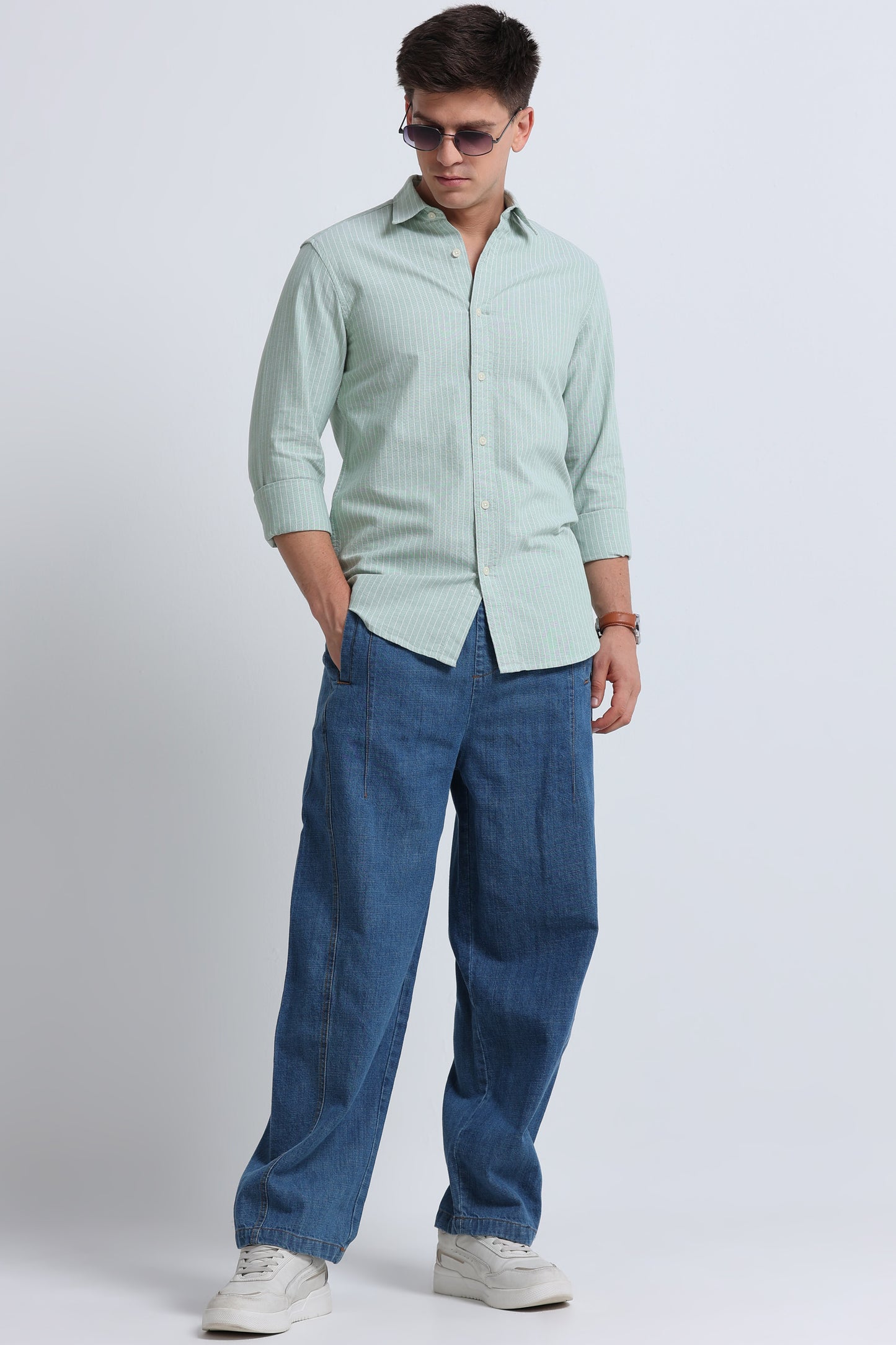 Slim Striped Cotton Oxford Shirt Pista Green
