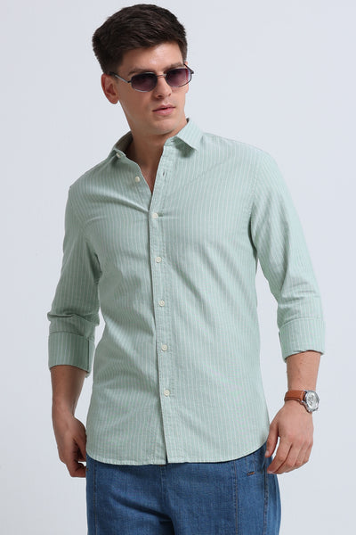 Pista Green Fine Striped Oxford Shirt - Slim Fit