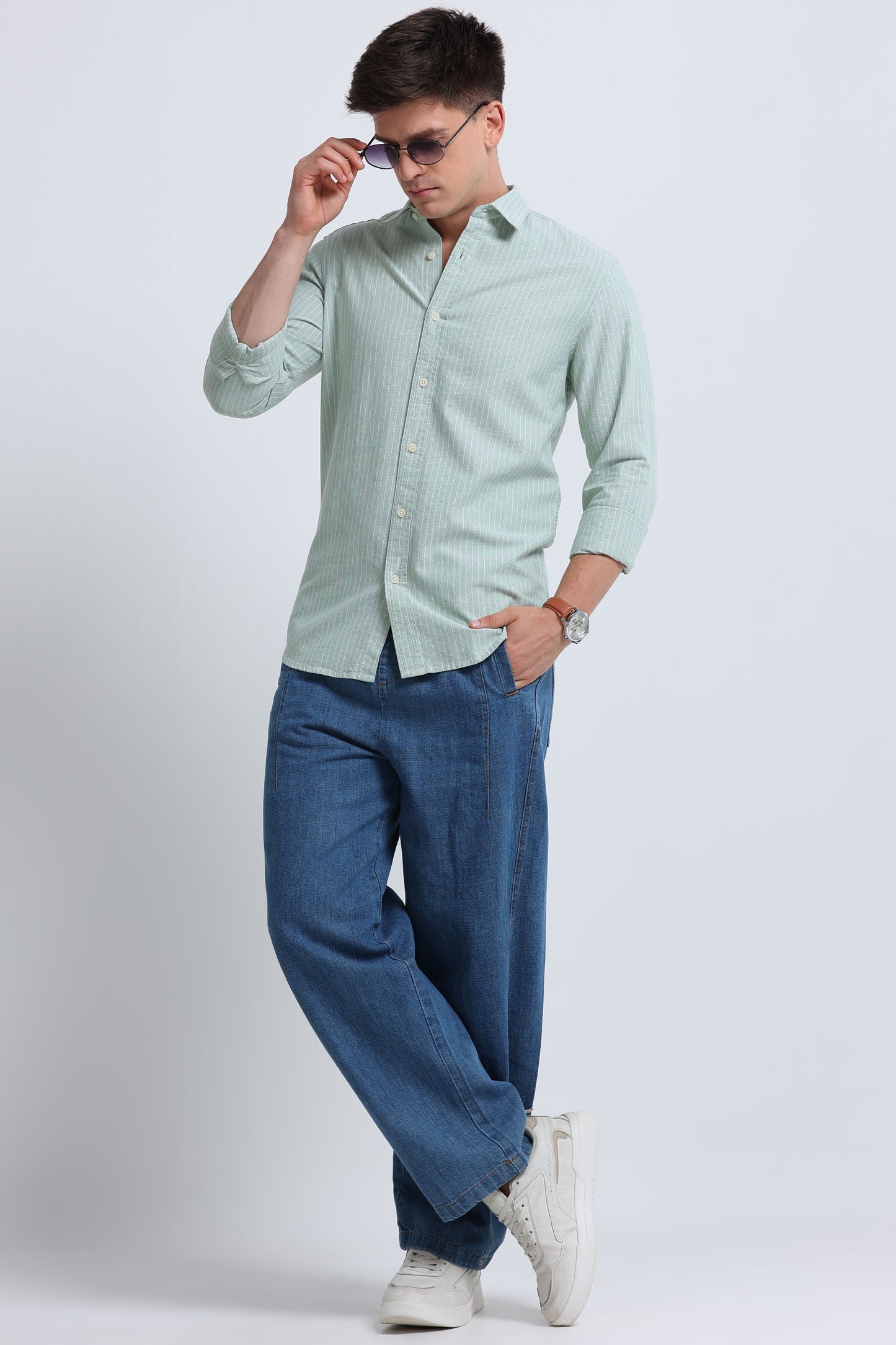 Slim Striped Cotton Oxford Shirt Pista Green