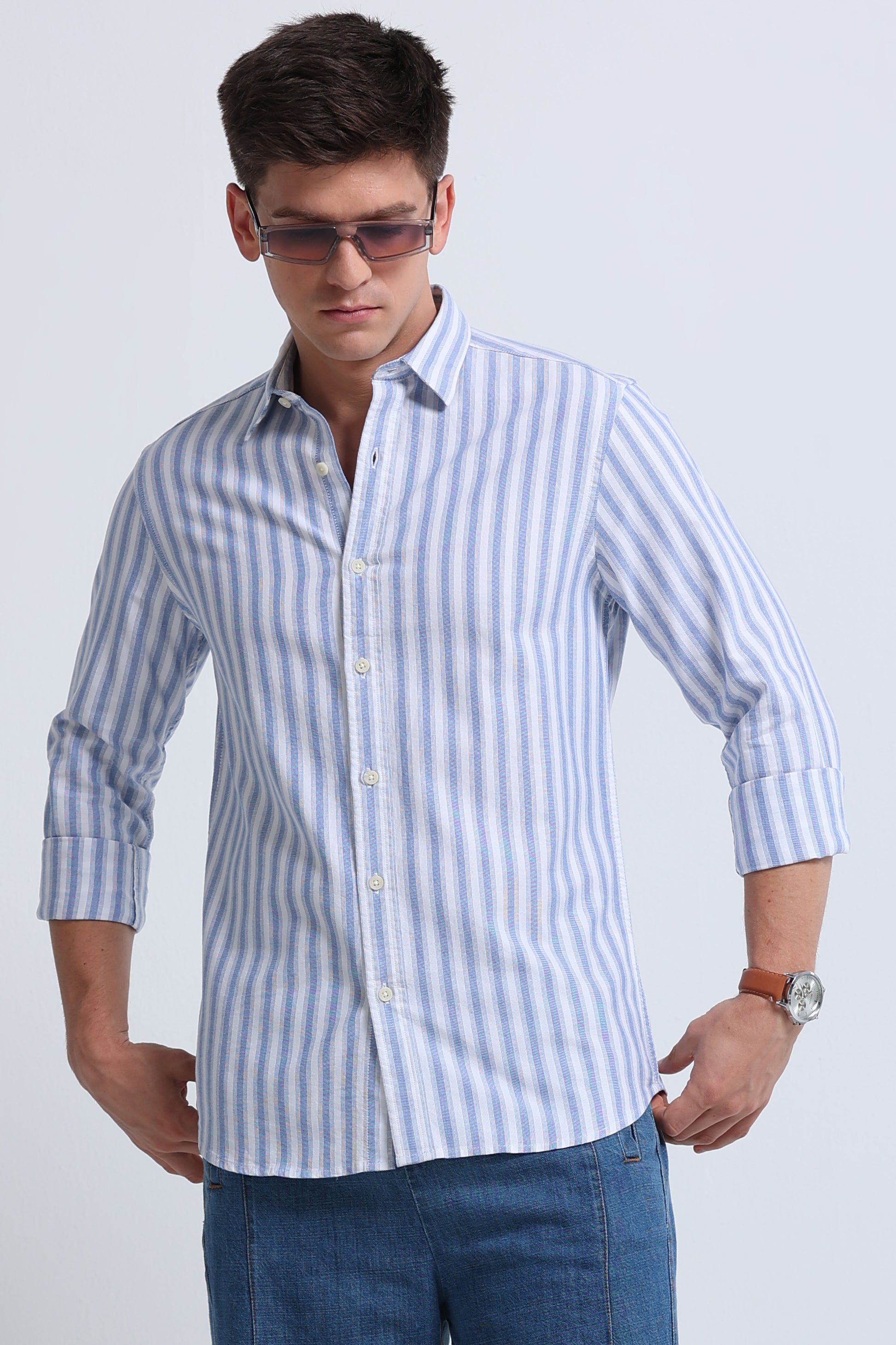 Classic Striped Oxford Cotton Shirt Dk Blue White