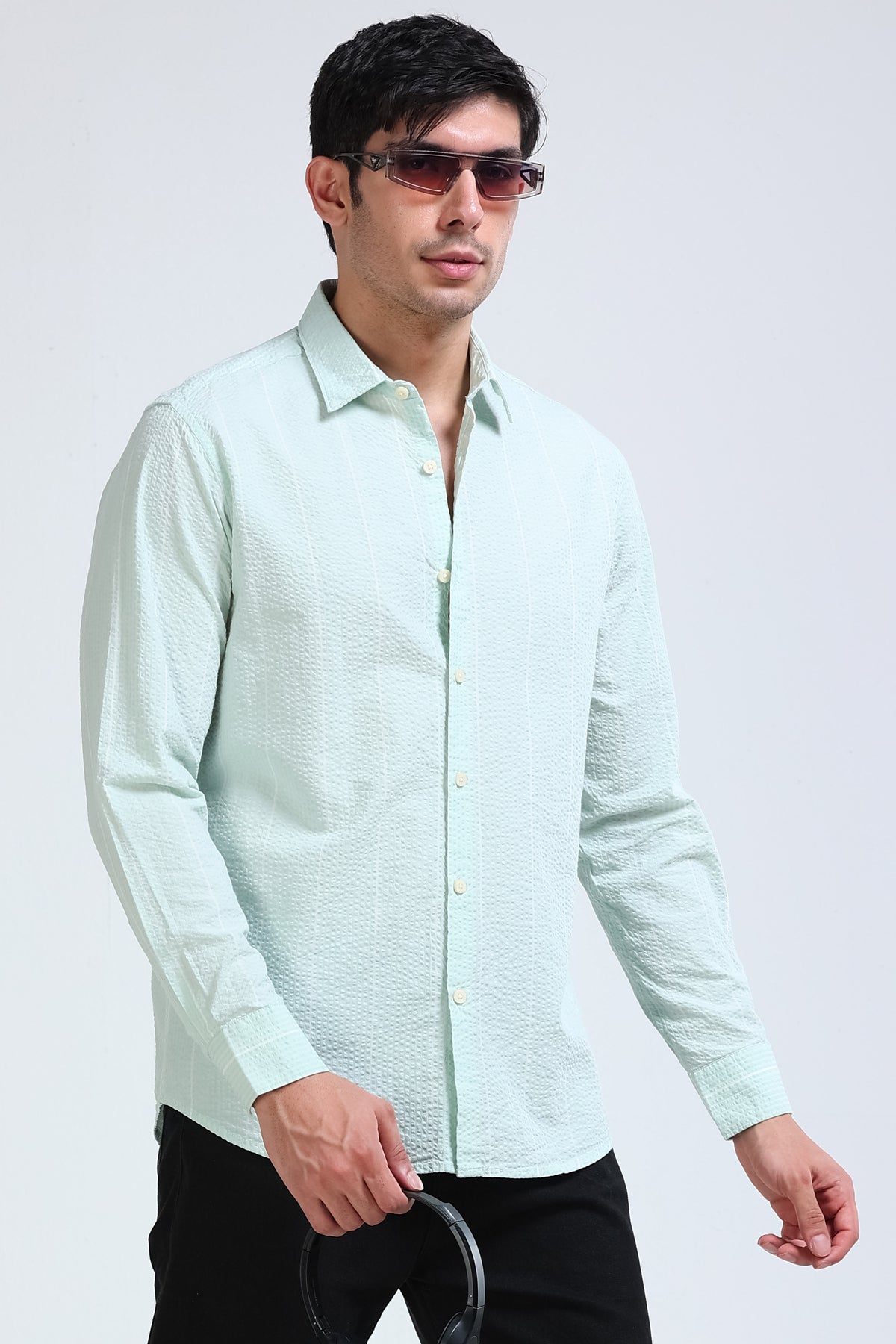 Men's Seersucker Striped Shirt Light Green