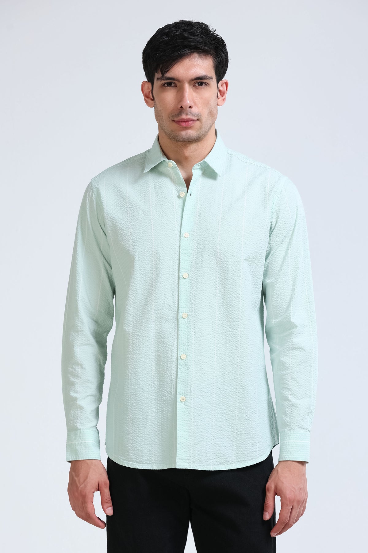 Men's Seersucker Striped Shirt Light Green