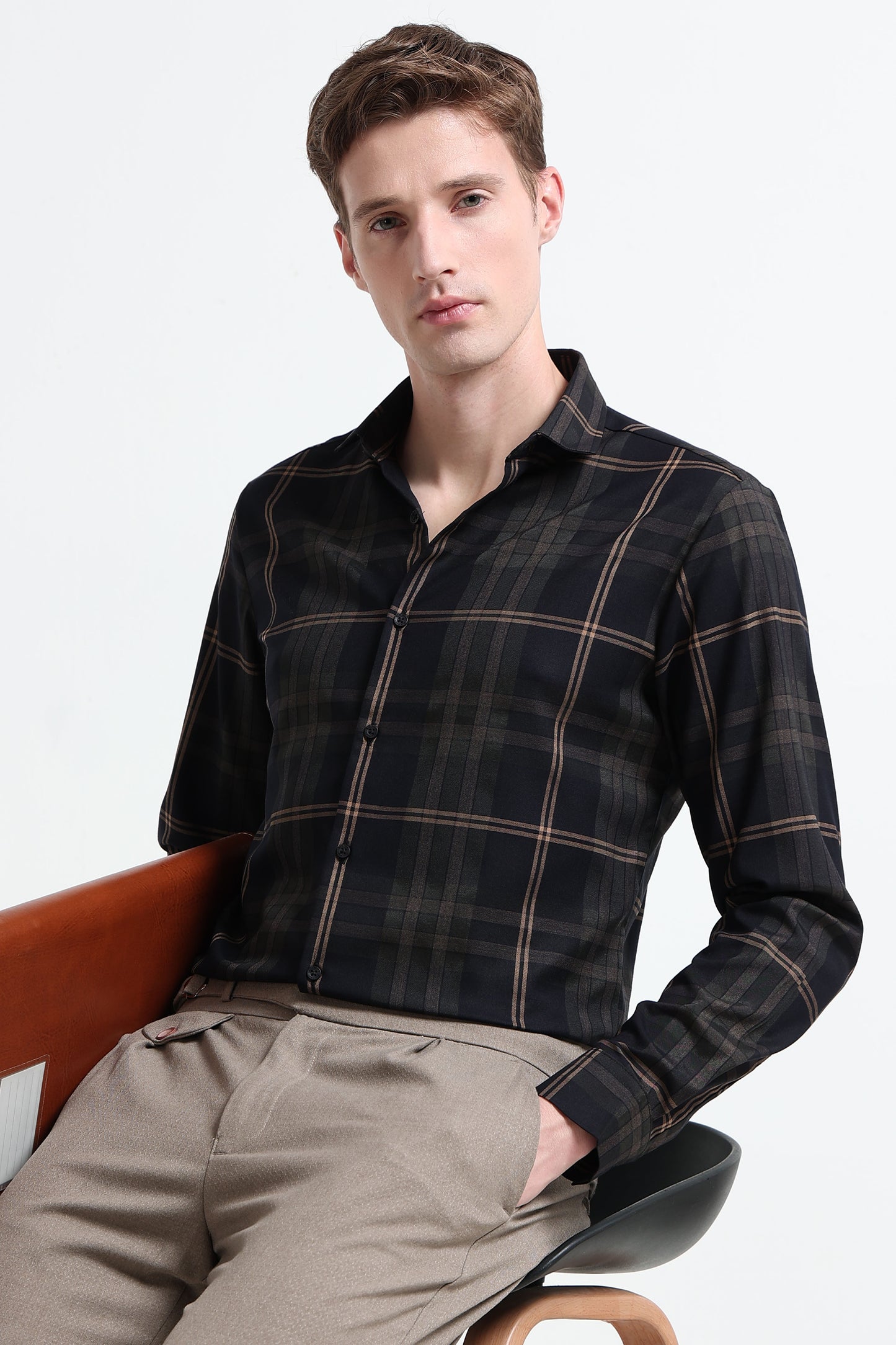 Classic Checked Slim Fit Shirt Beige Black