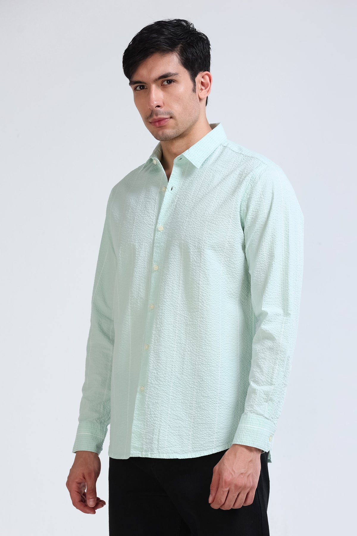 Men's Seersucker Striped Shirt Light Green