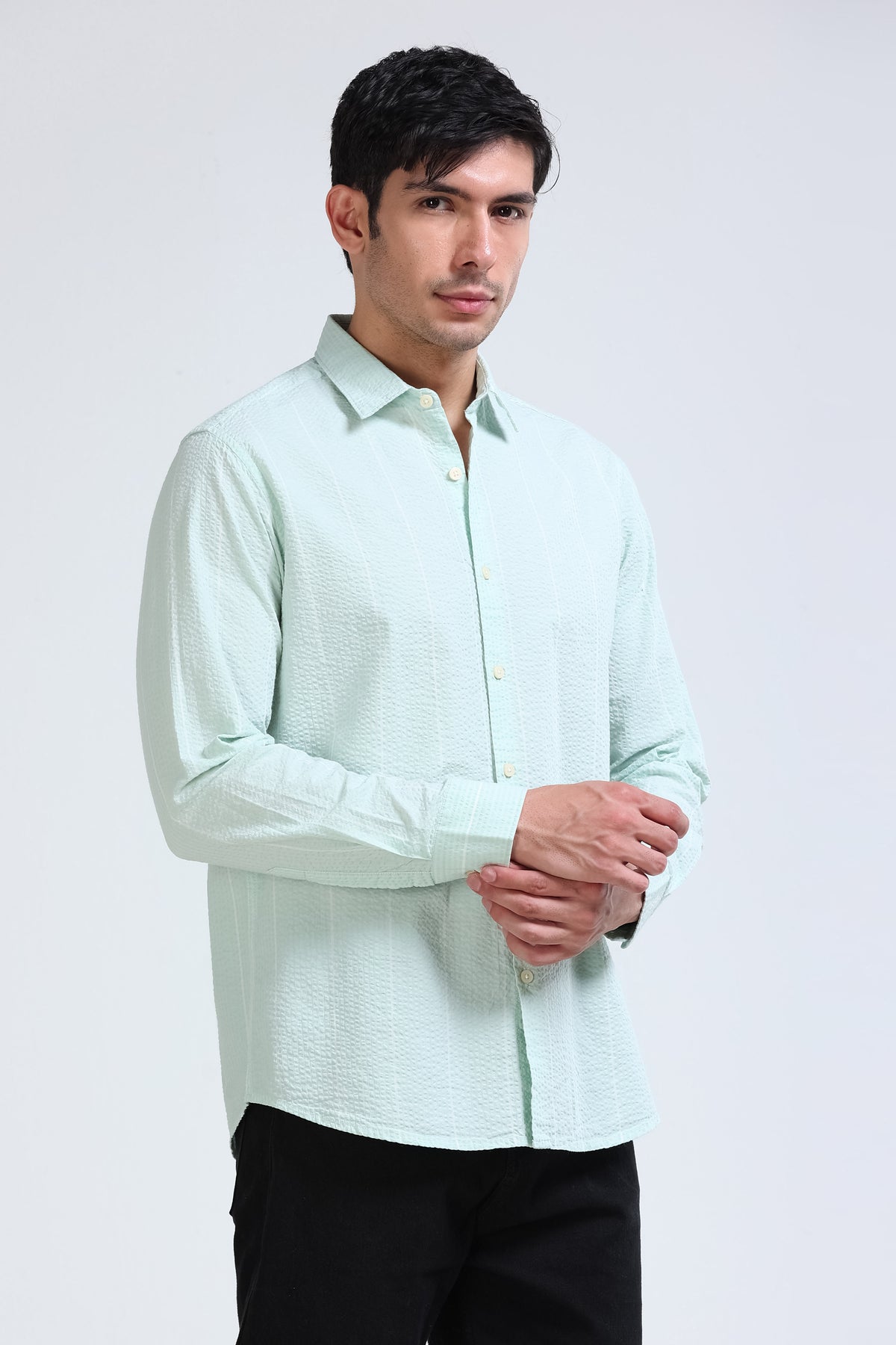 Men's Seersucker Striped Shirt Light Green