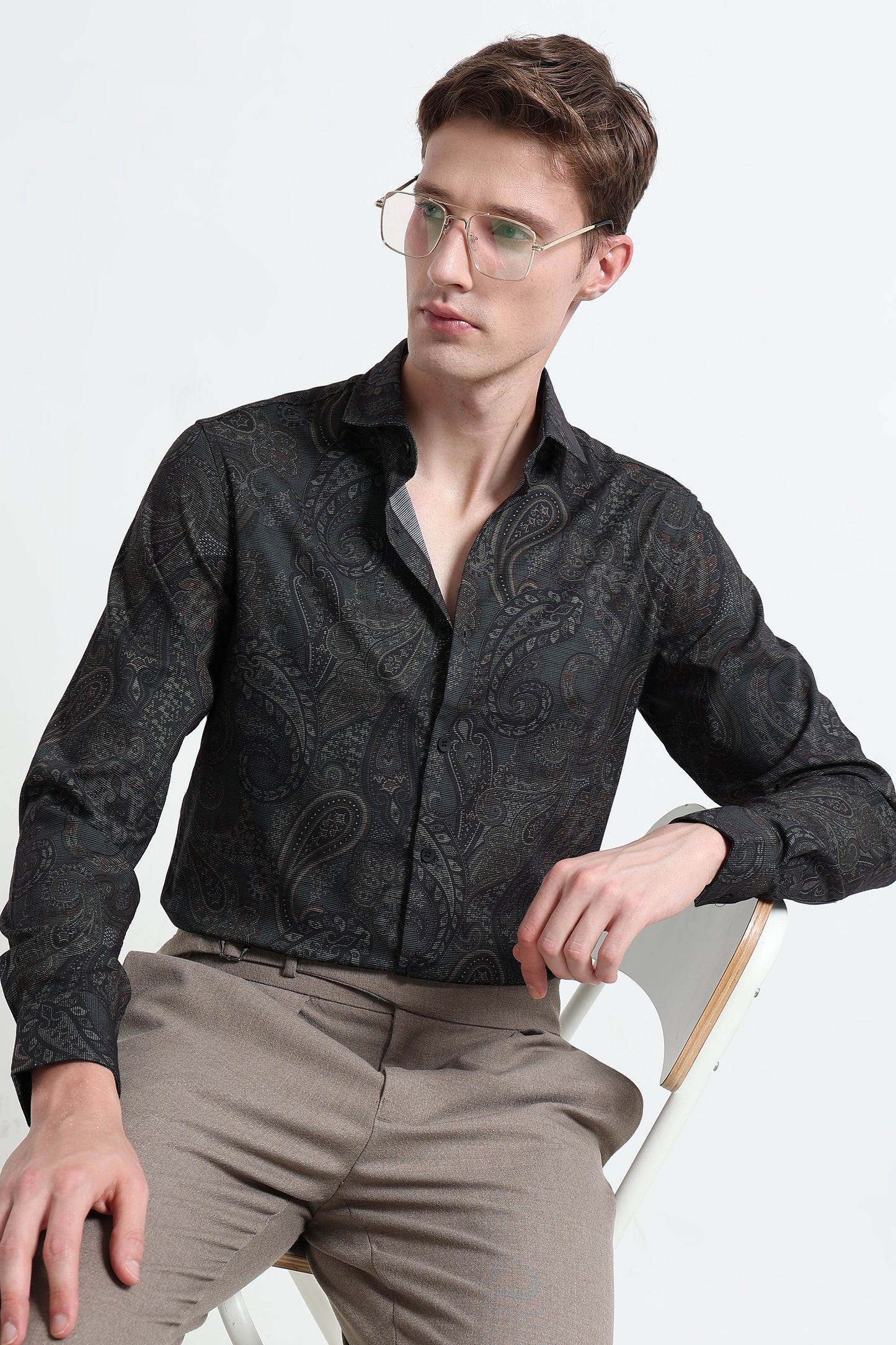 Contemporary Printed Cotton Blend Shirt Dark Green