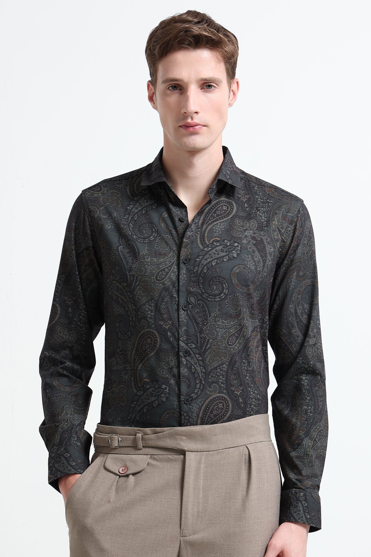 Contemporary Printed Cotton Blend Shirt Dark Green