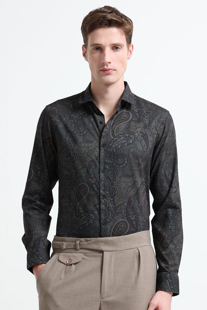 Contemporary Printed Cotton Blend Shirt Dark Green