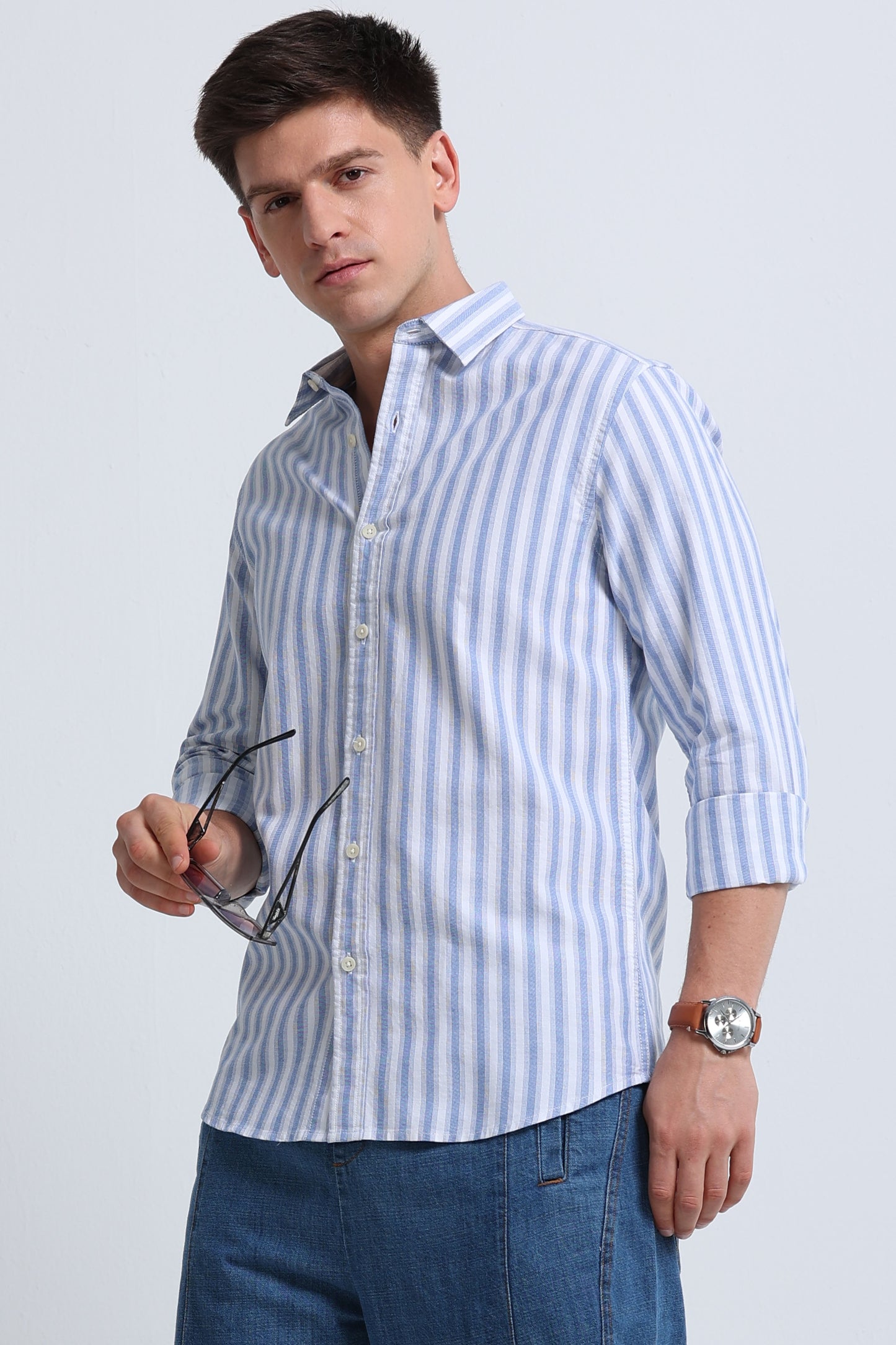 Classic Striped Oxford Cotton Shirt Dk Blue White