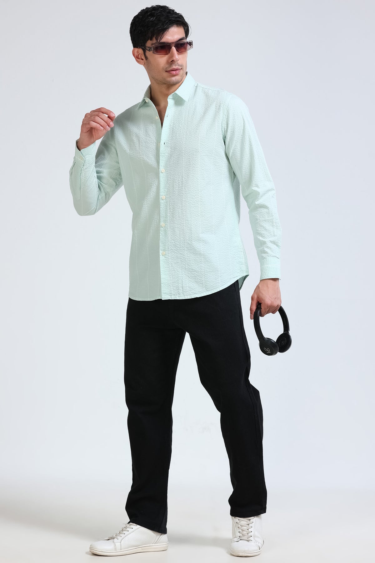 Men's Seersucker Striped Shirt Light Green