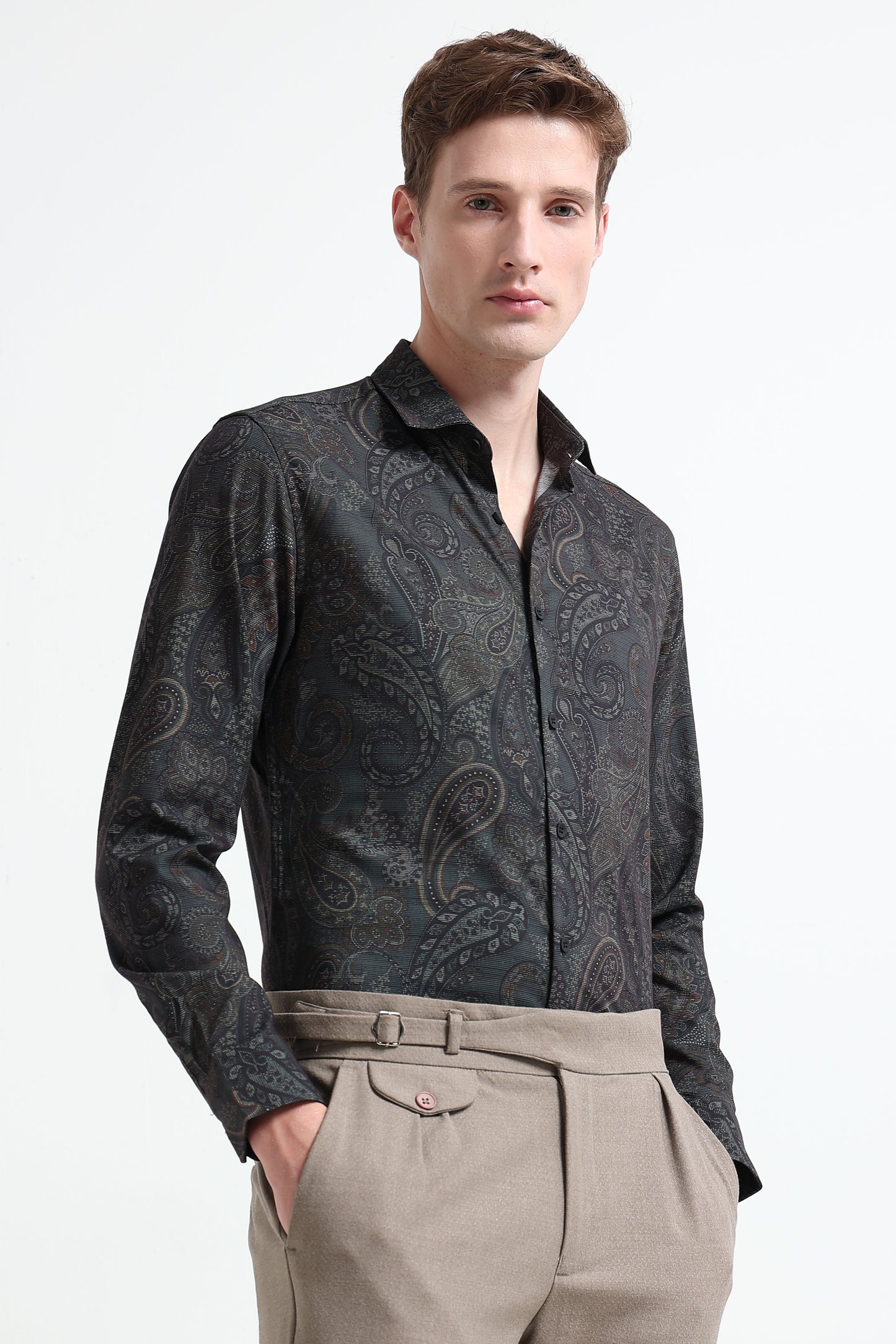 Contemporary Printed Cotton Blend Shirt Dark Green