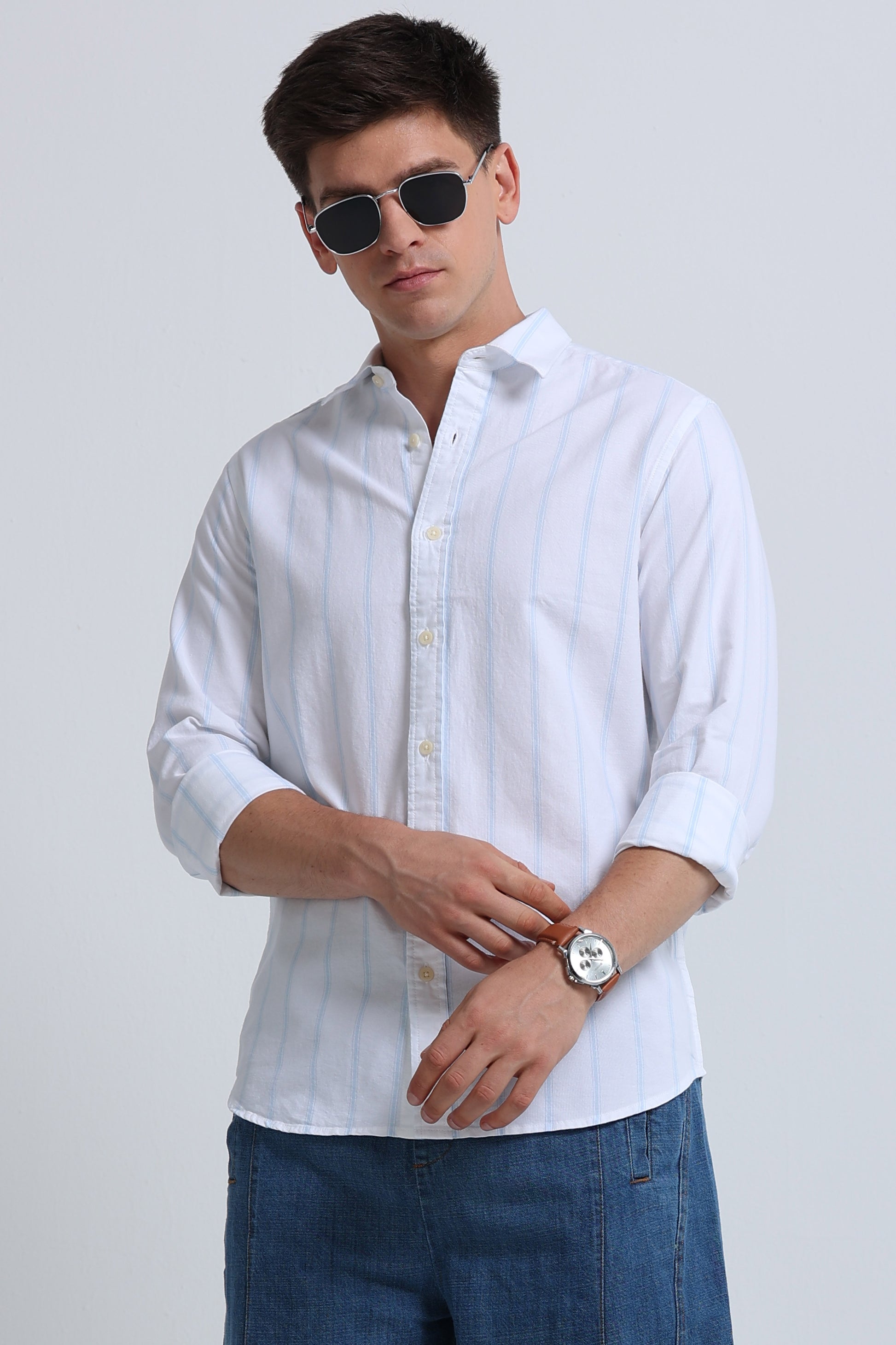 Classic Striped Oxford Cotton Shirt White Sky Blue