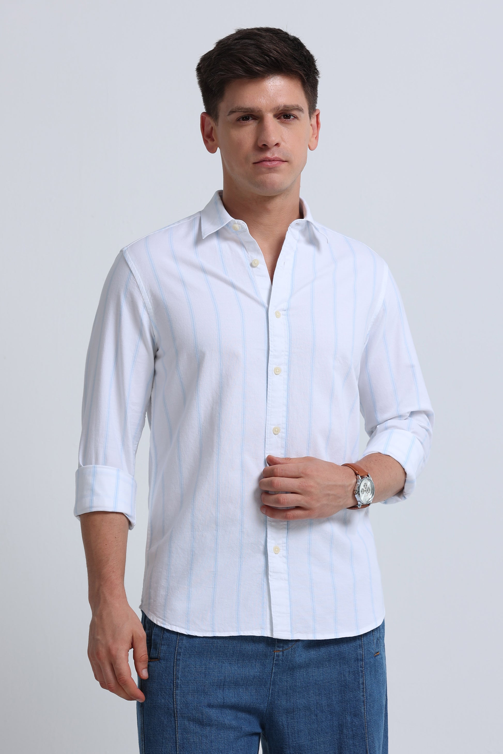 Classic Striped Oxford Cotton Shirt White Sky Blue