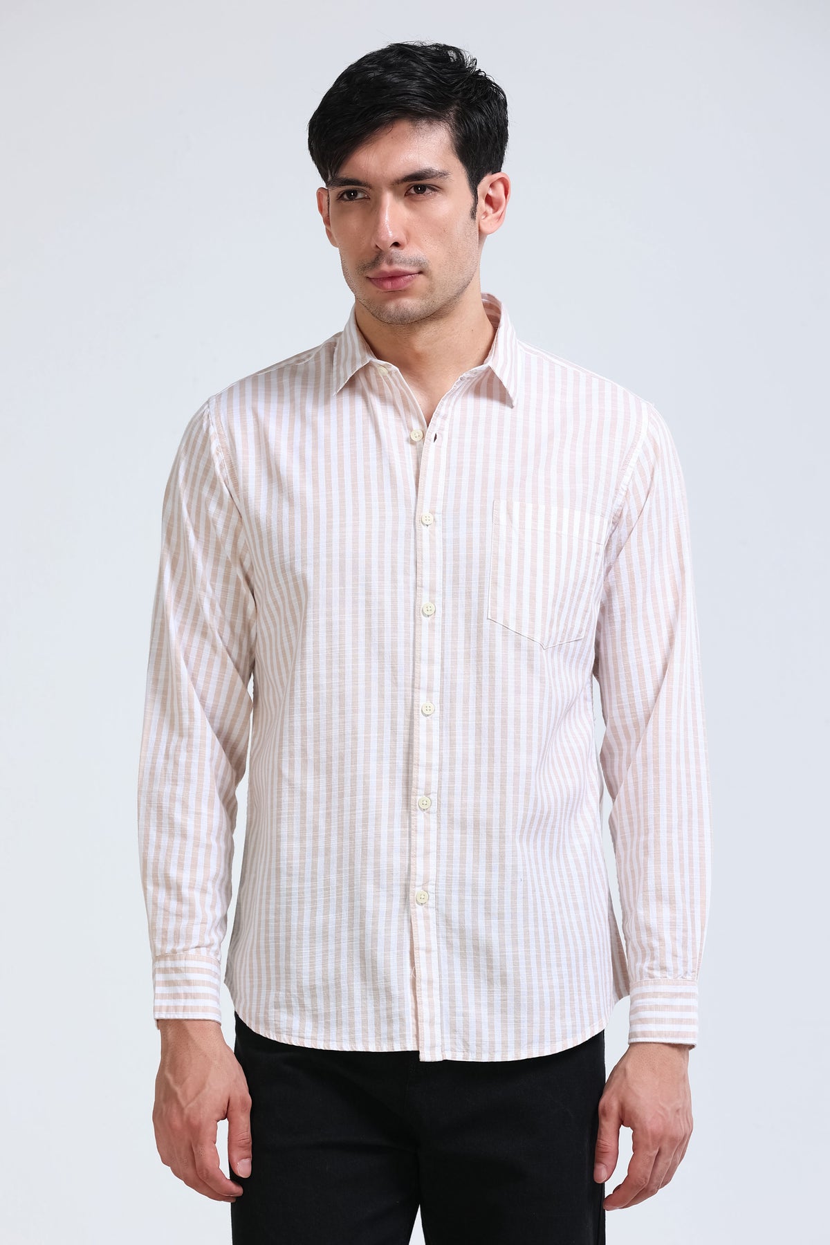 Beige White Pinstripe Shirt - Slim Fit