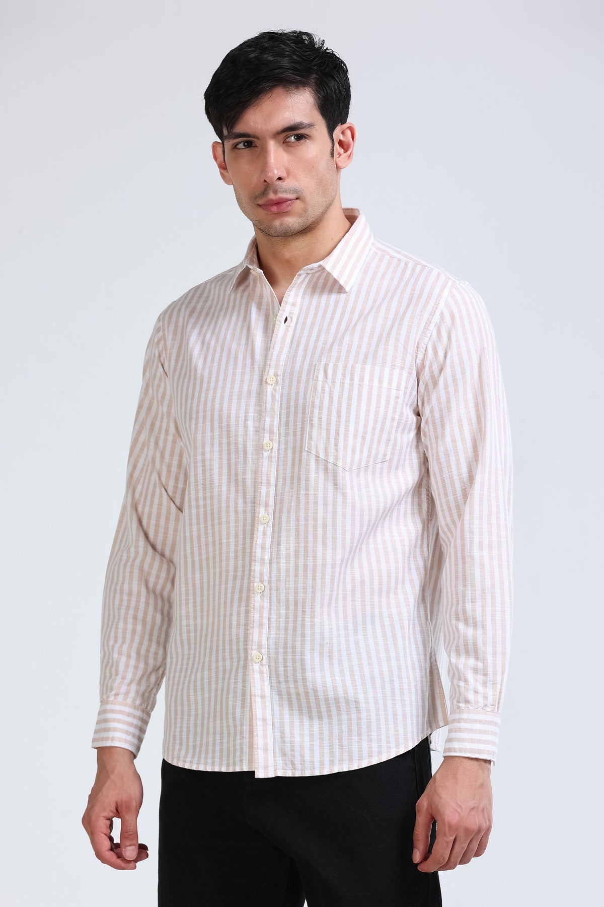 Beige White Pinstripe Shirt - Slim Fit