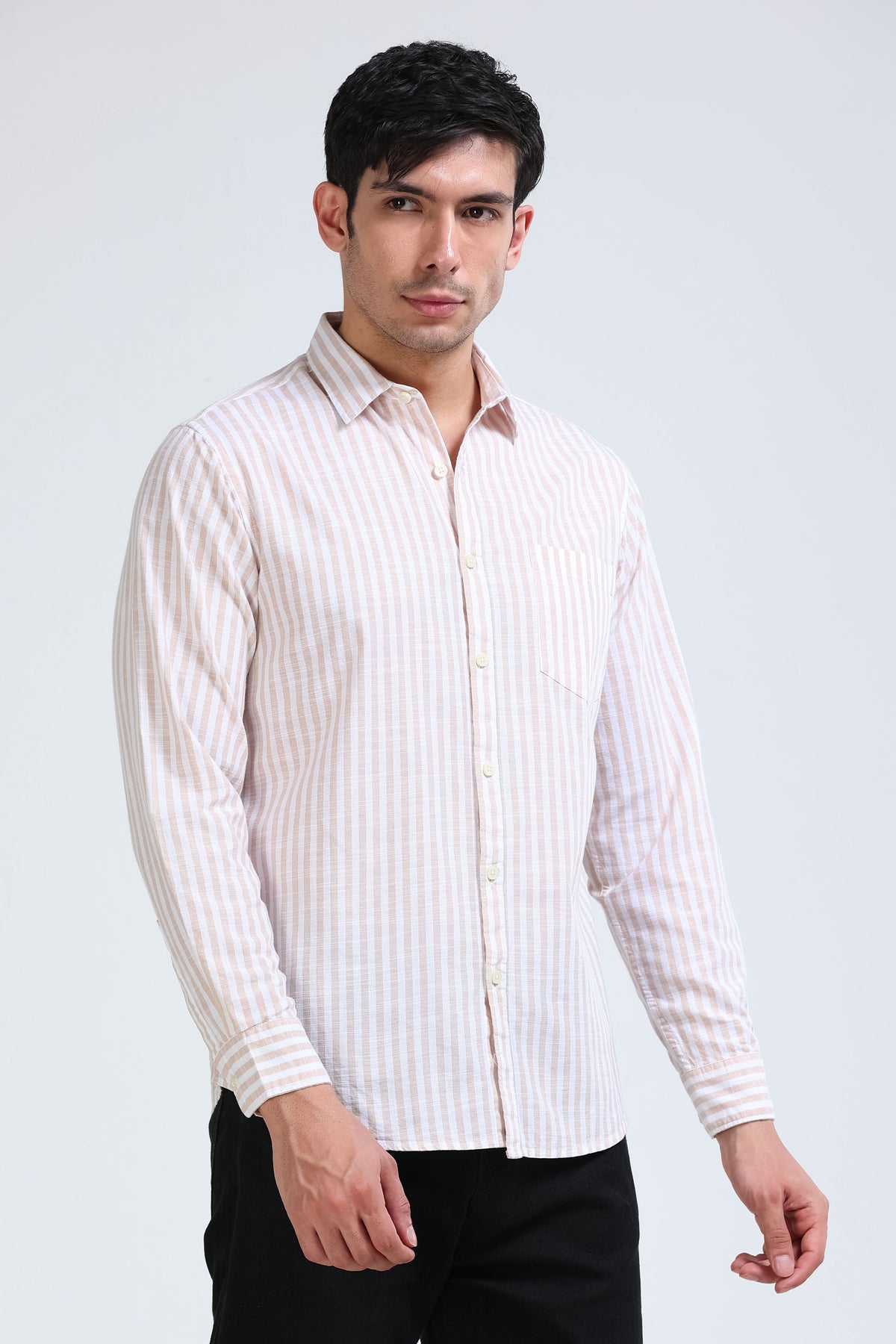 Beige White Pinstripe Shirt - Slim Fit