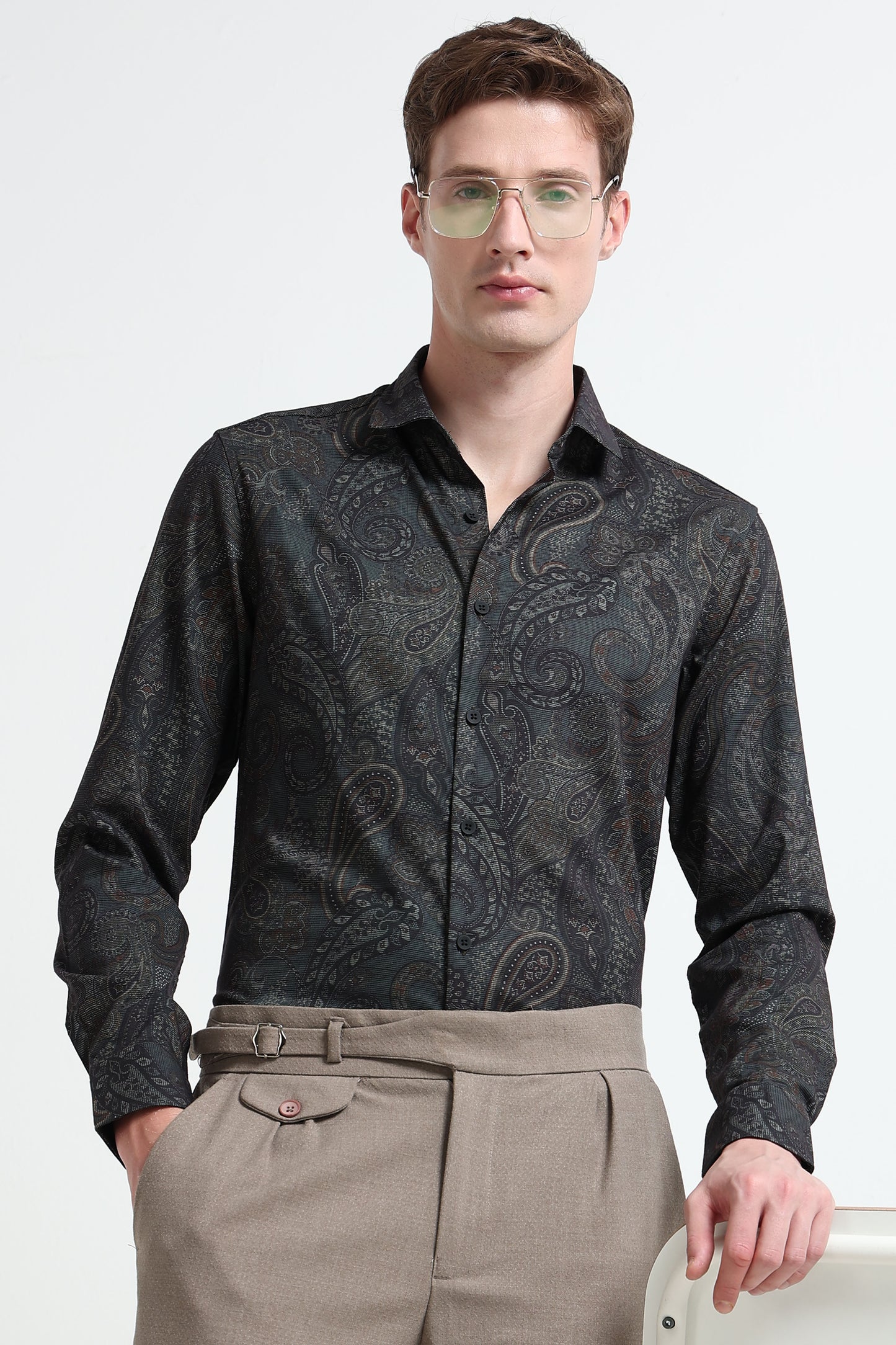 Contemporary Printed Cotton Blend Shirt Dark Green