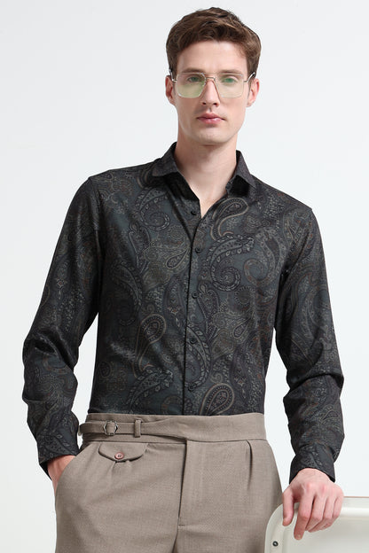 Contemporary Printed Cotton Blend Shirt Dark Green