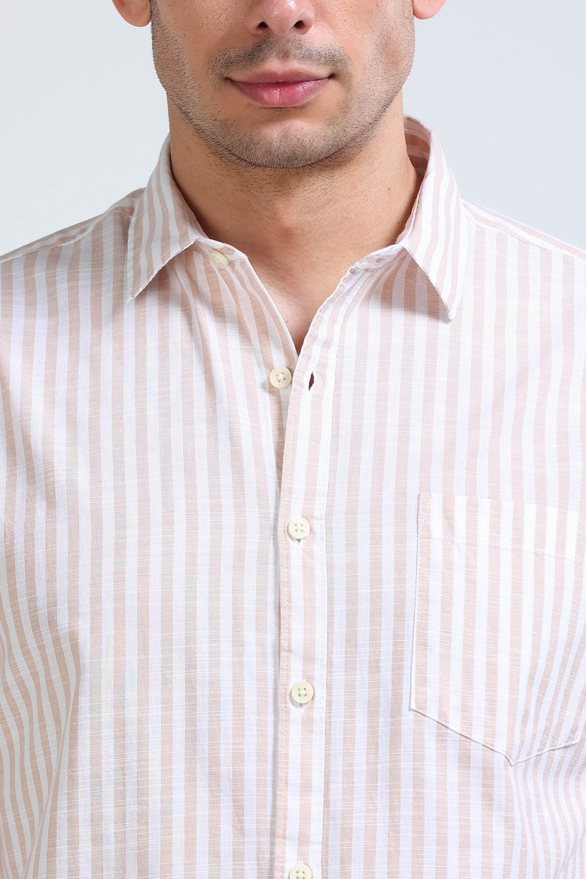 Beige White Pinstripe Shirt - Slim Fit