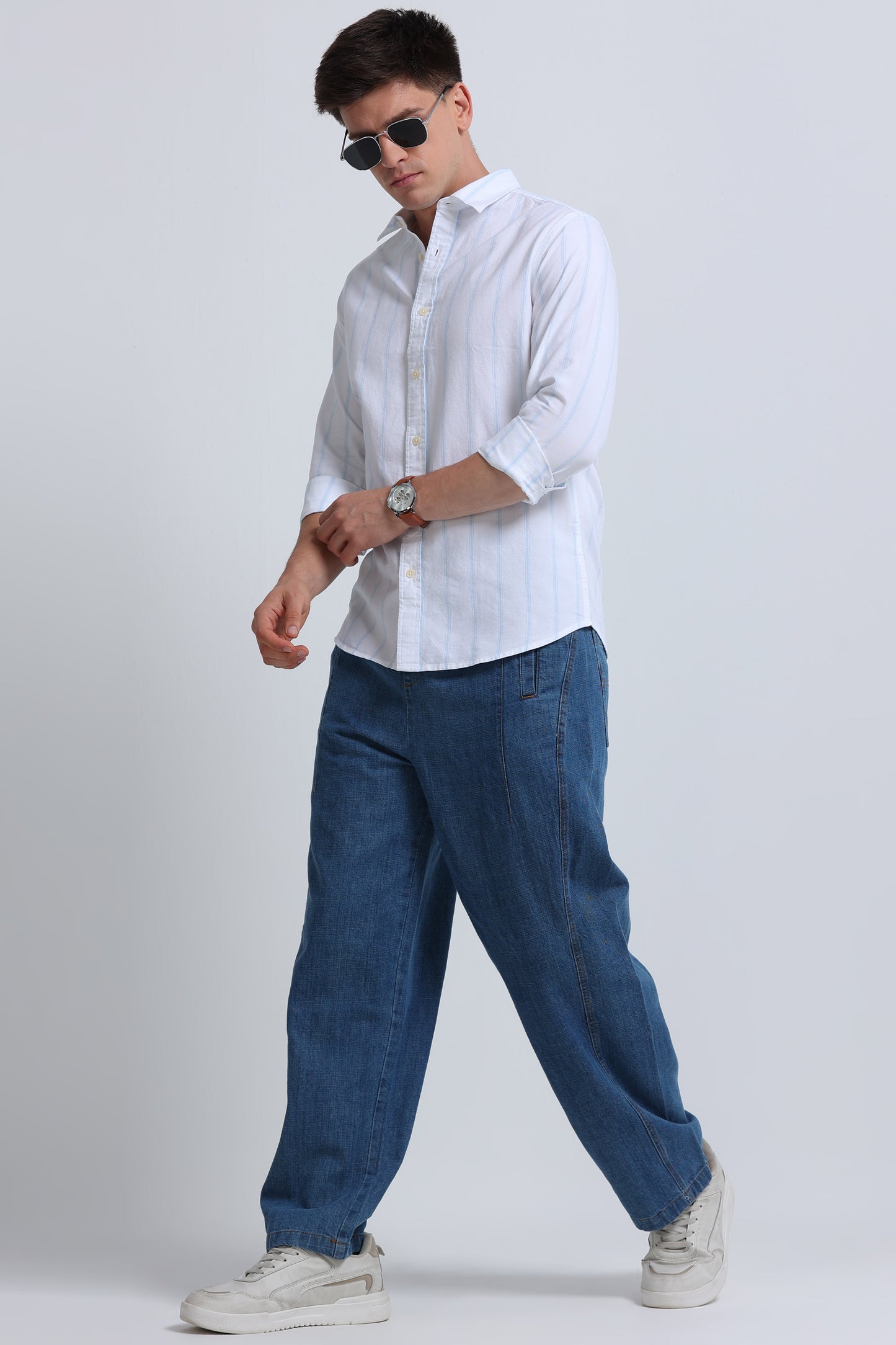 Classic Striped Oxford Cotton Shirt White Sky Blue