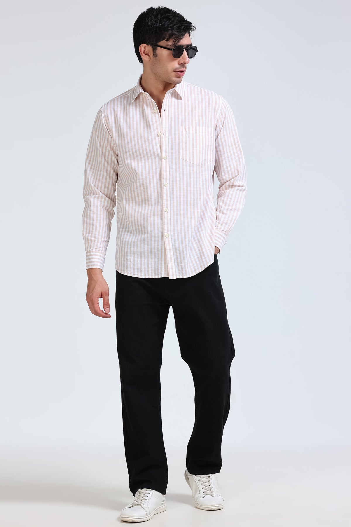 Beige White Pinstripe Shirt - Slim Fit