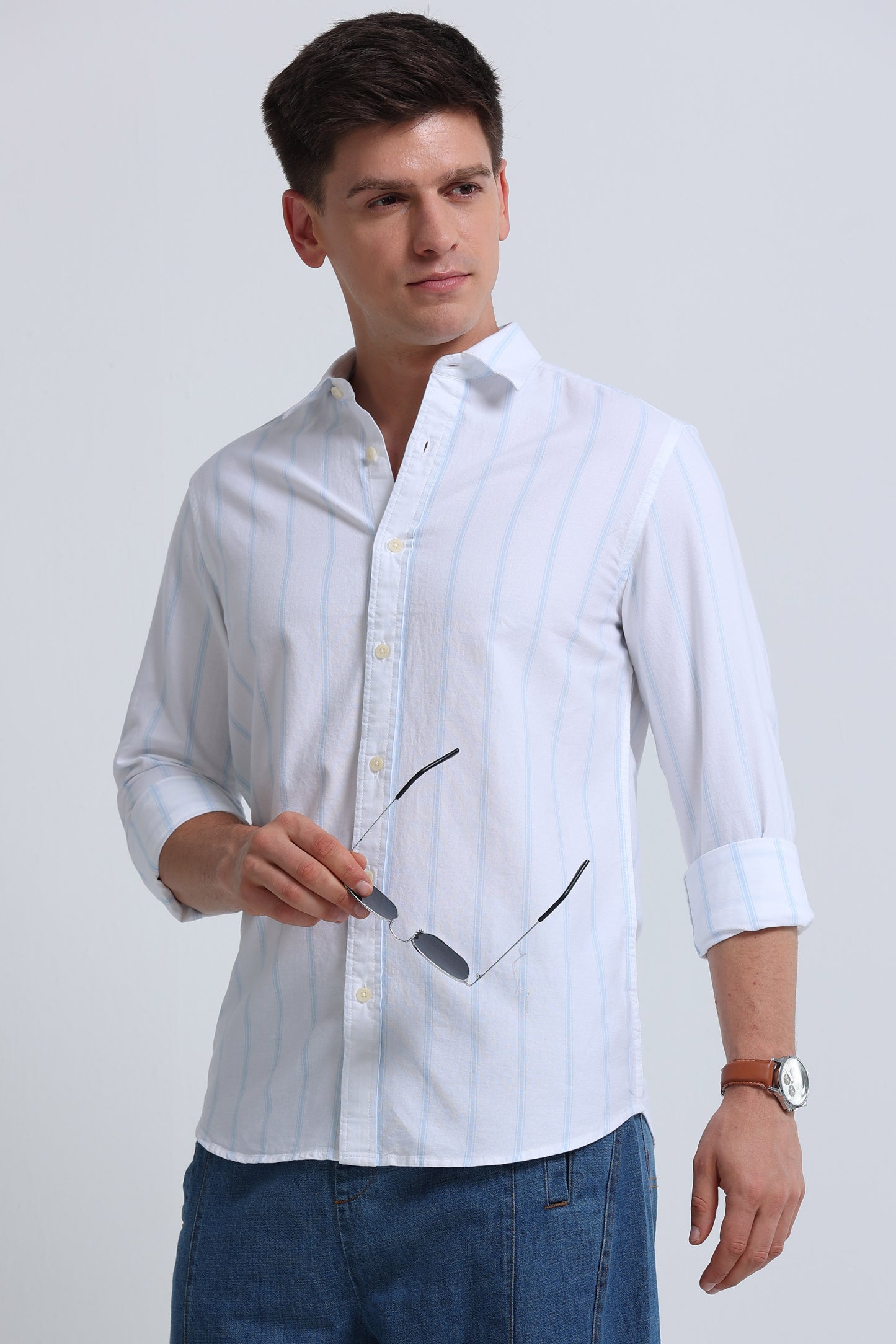 Classic Striped Oxford Cotton Shirt White Sky Blue