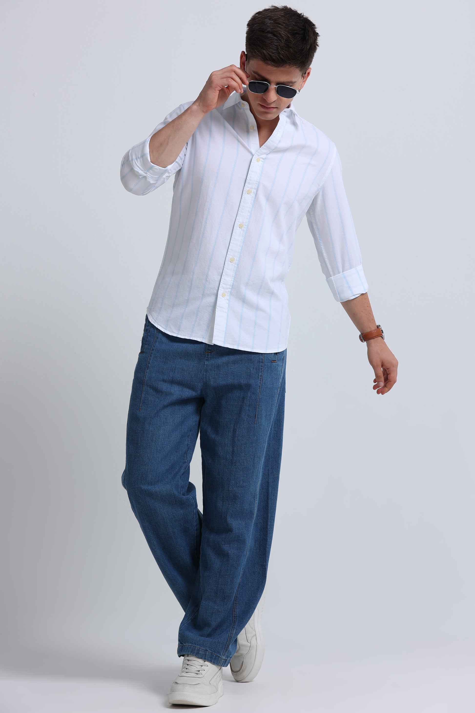 Classic Striped Oxford Cotton Shirt White Sky Blue