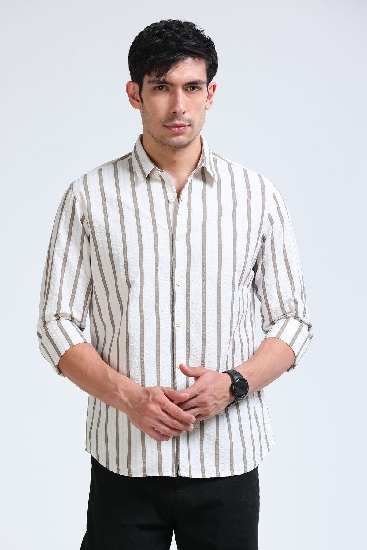 Men's Seersucker Striped Shirt Brown Cream