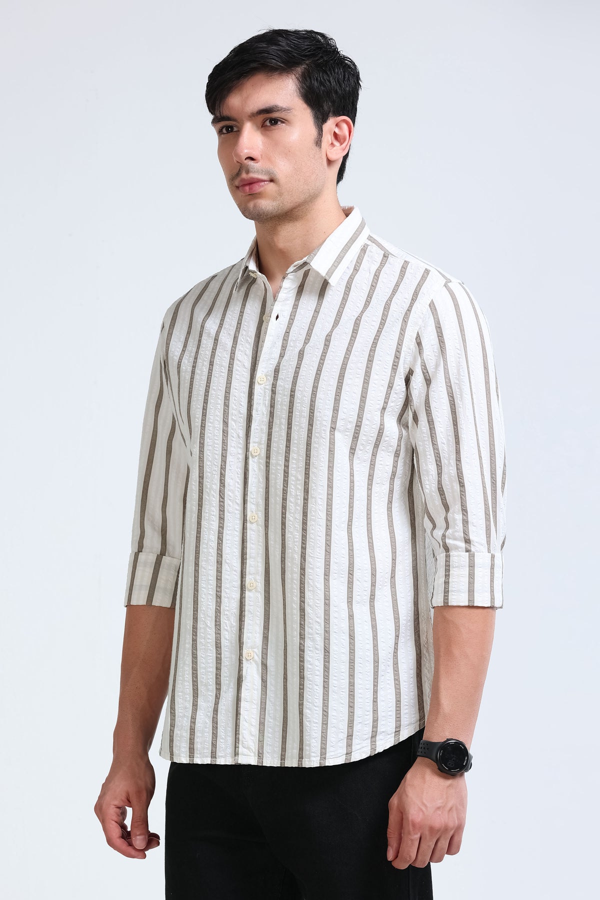 Men's Seersucker Striped Shirt Brown Cream