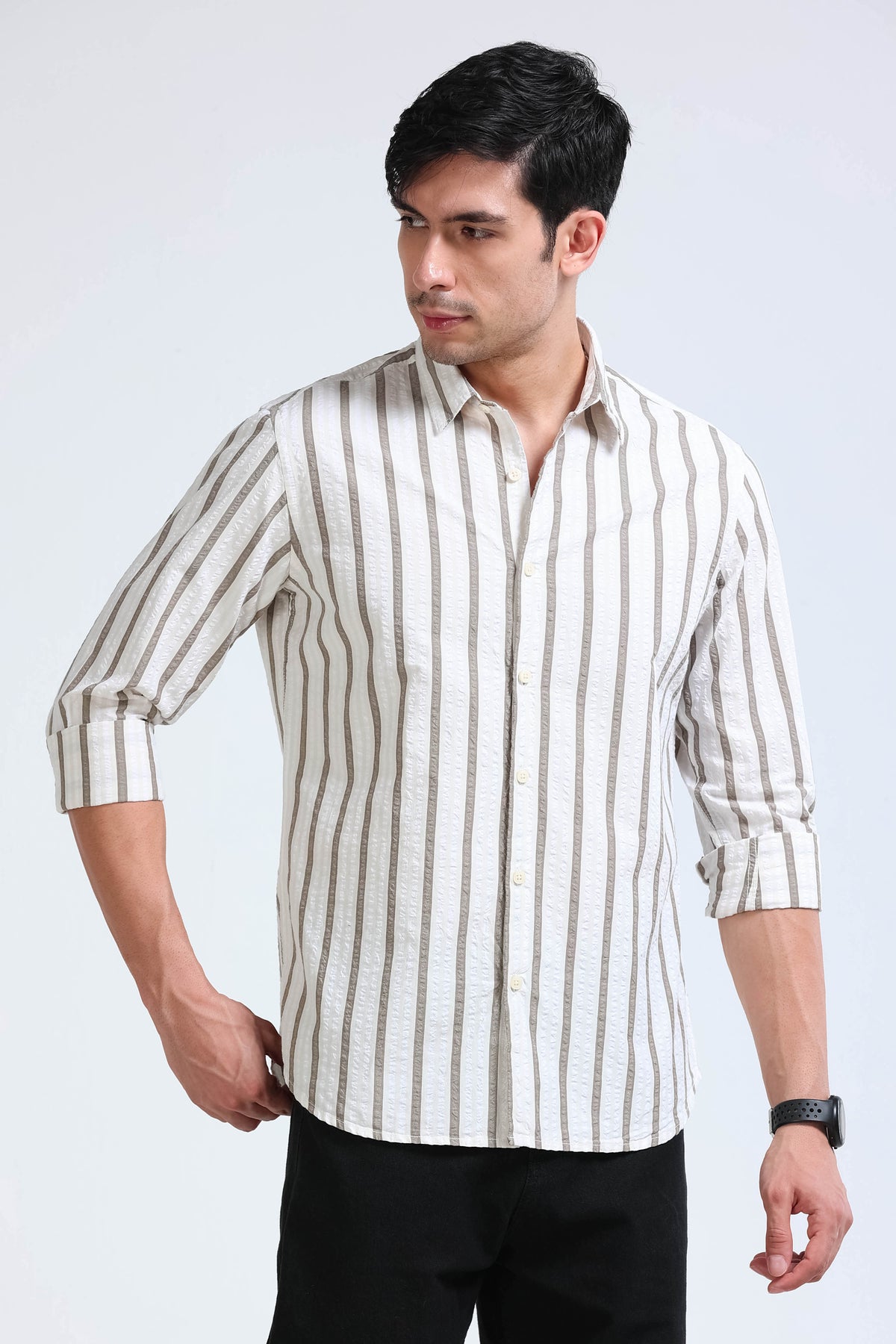Men's Seersucker Striped Shirt Brown Cream