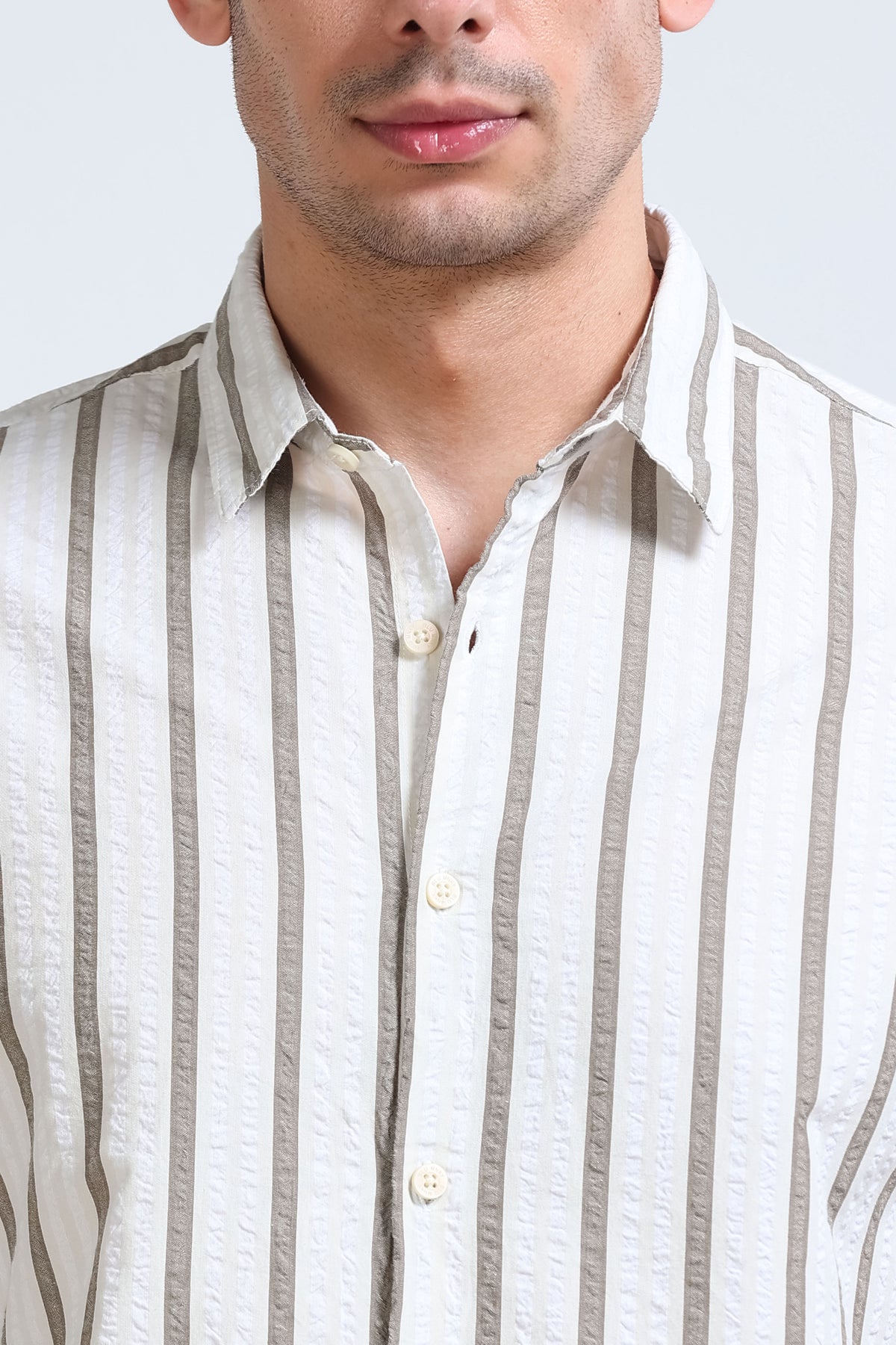 Men's Seersucker Striped Shirt Brown Cream