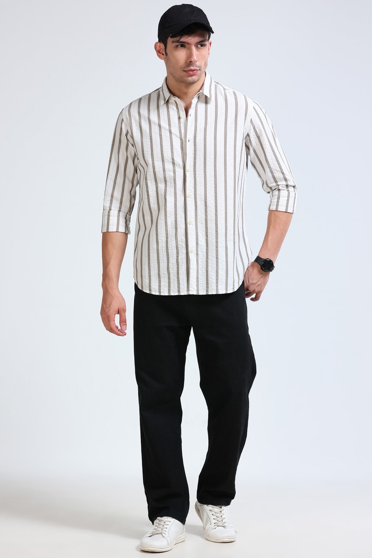 Men's Seersucker Striped Shirt Brown Cream