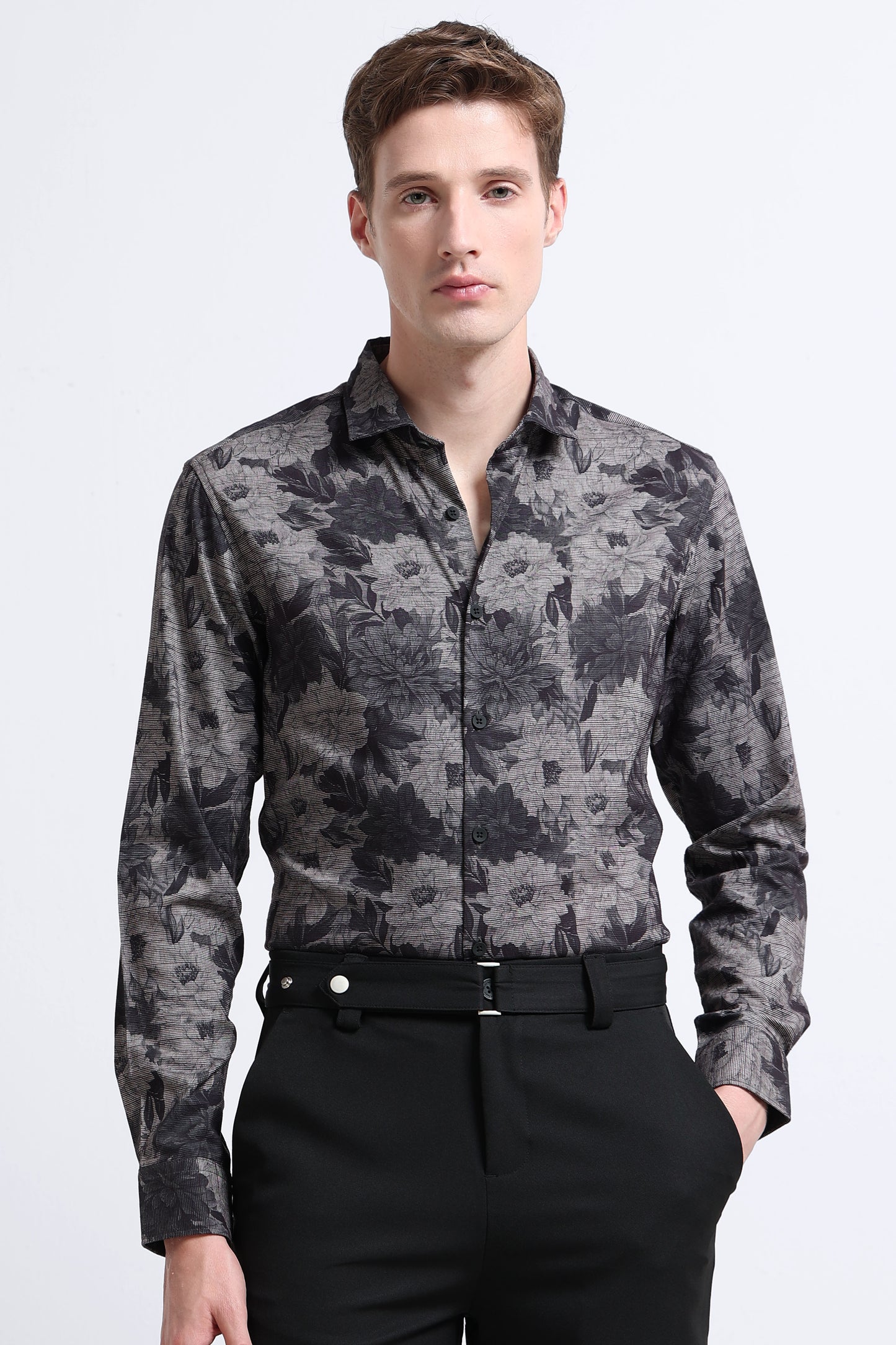 Contemporary Printed Cotton Blend Shirt Charcoal