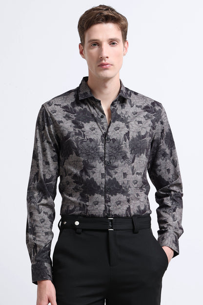 Contemporary Printed Cotton Blend Shirt Charcoal