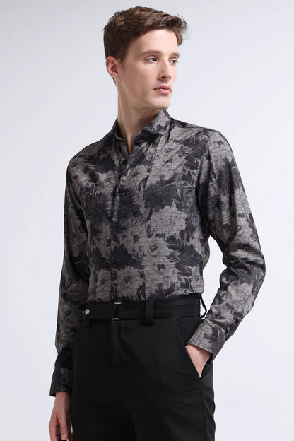 Contemporary Printed Cotton Blend Shirt Charcoal
