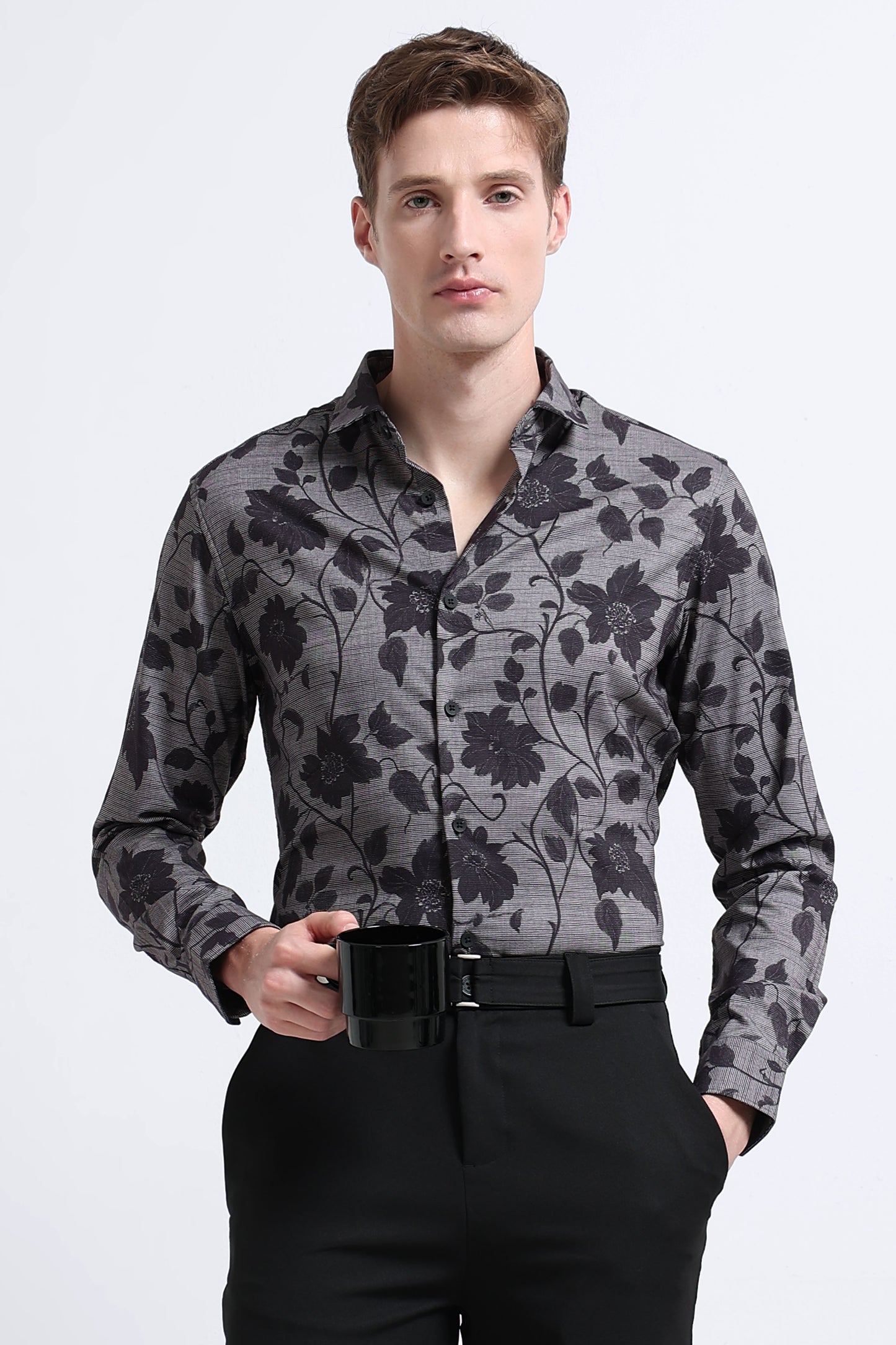 Contemporary Printed Cotton Blend Shirt Cement Grey